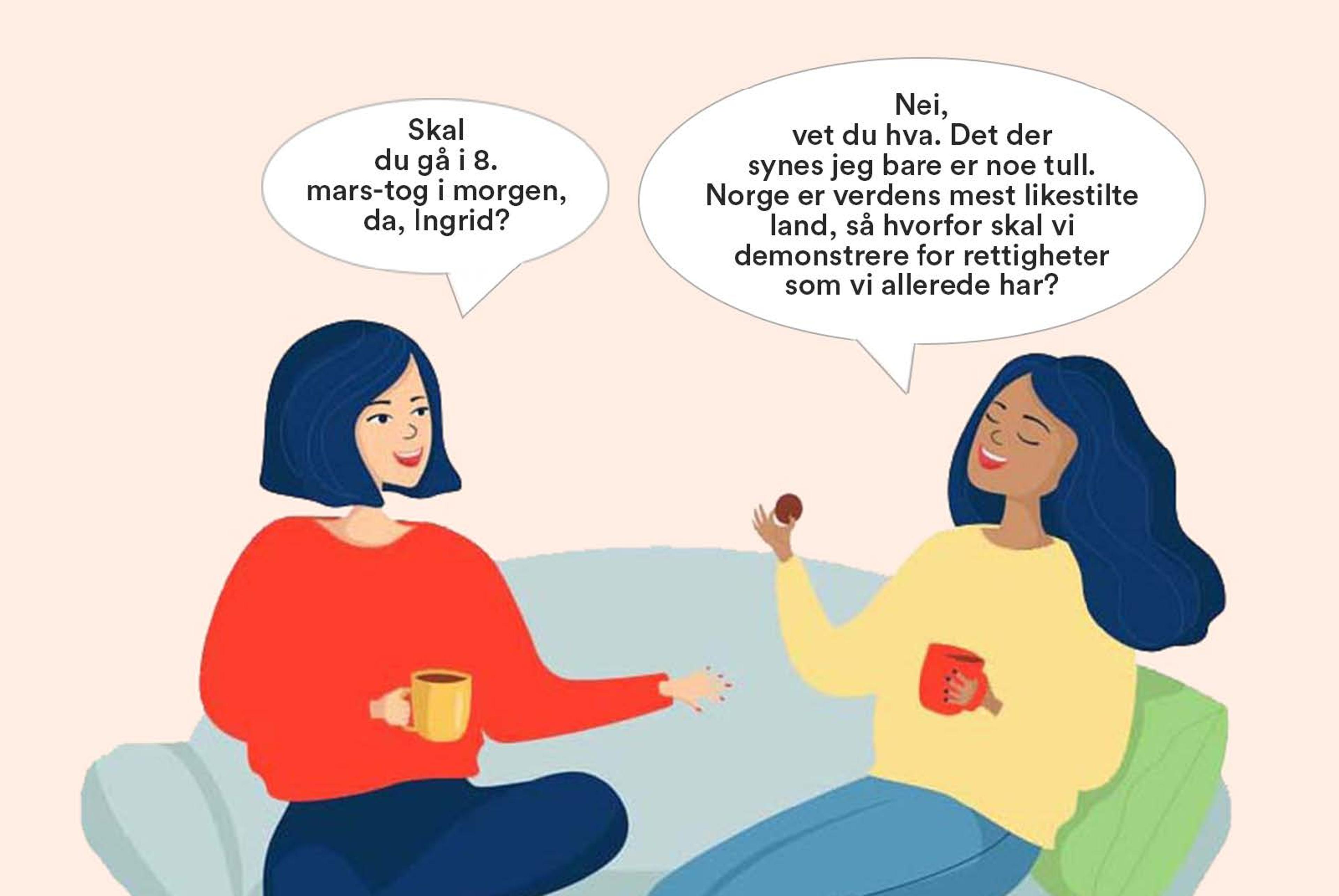 To damer snakker om likestilling i en sofa