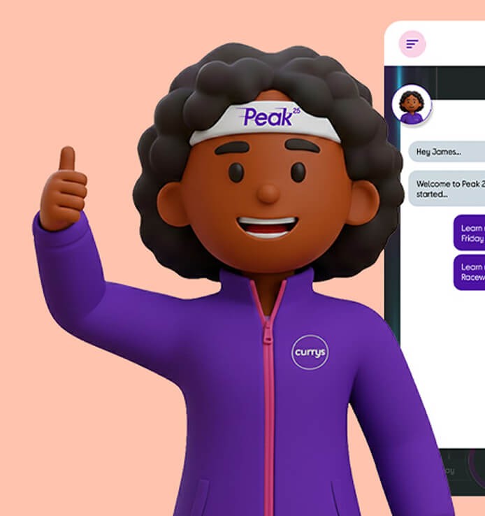 A 3D animated character wearing a purple Currys jacket and a Peak 25 headband giving a thumbs-up gesture