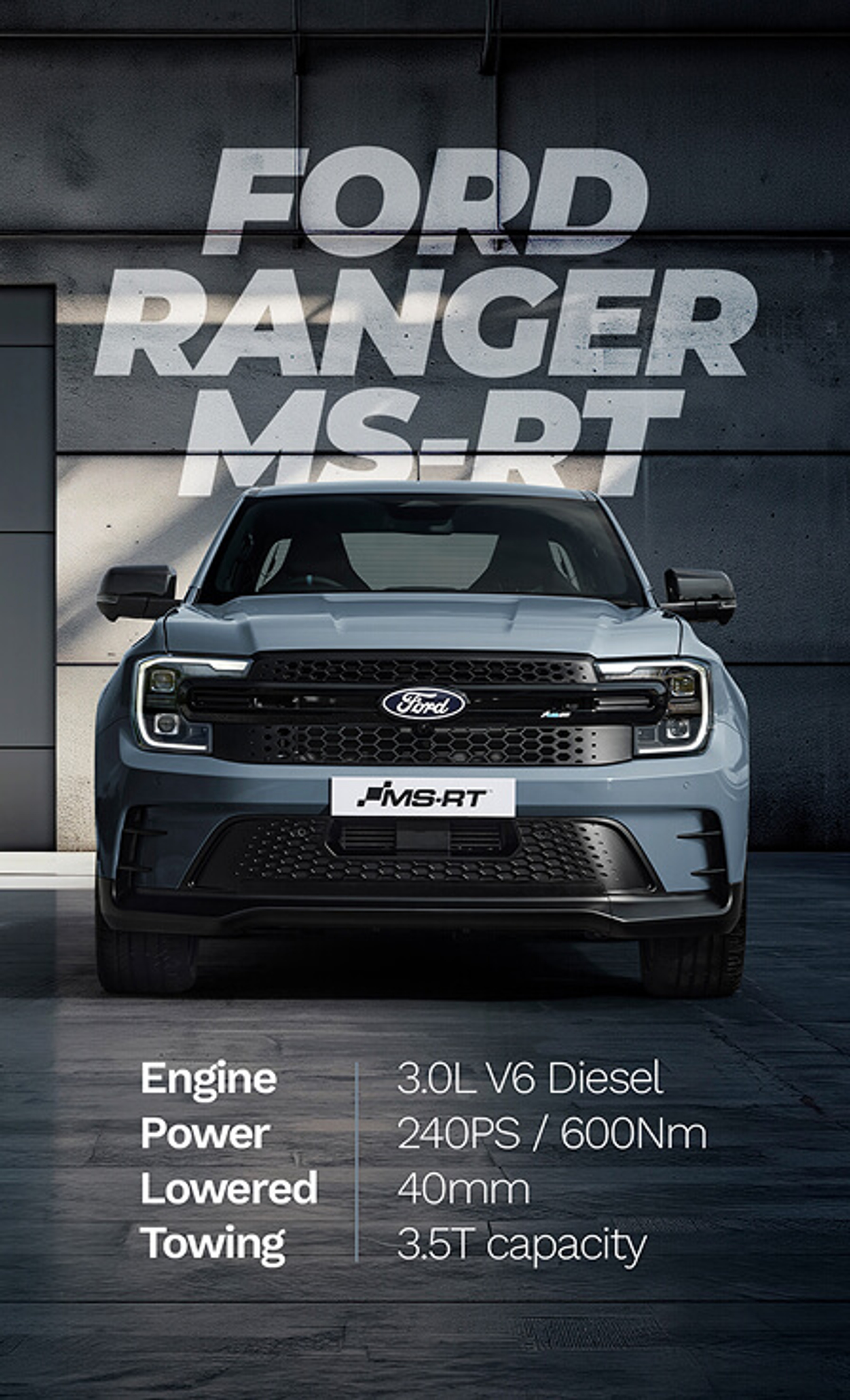 Ford Ranger MS-RT poster front view of the vehicle along with key performance specifications