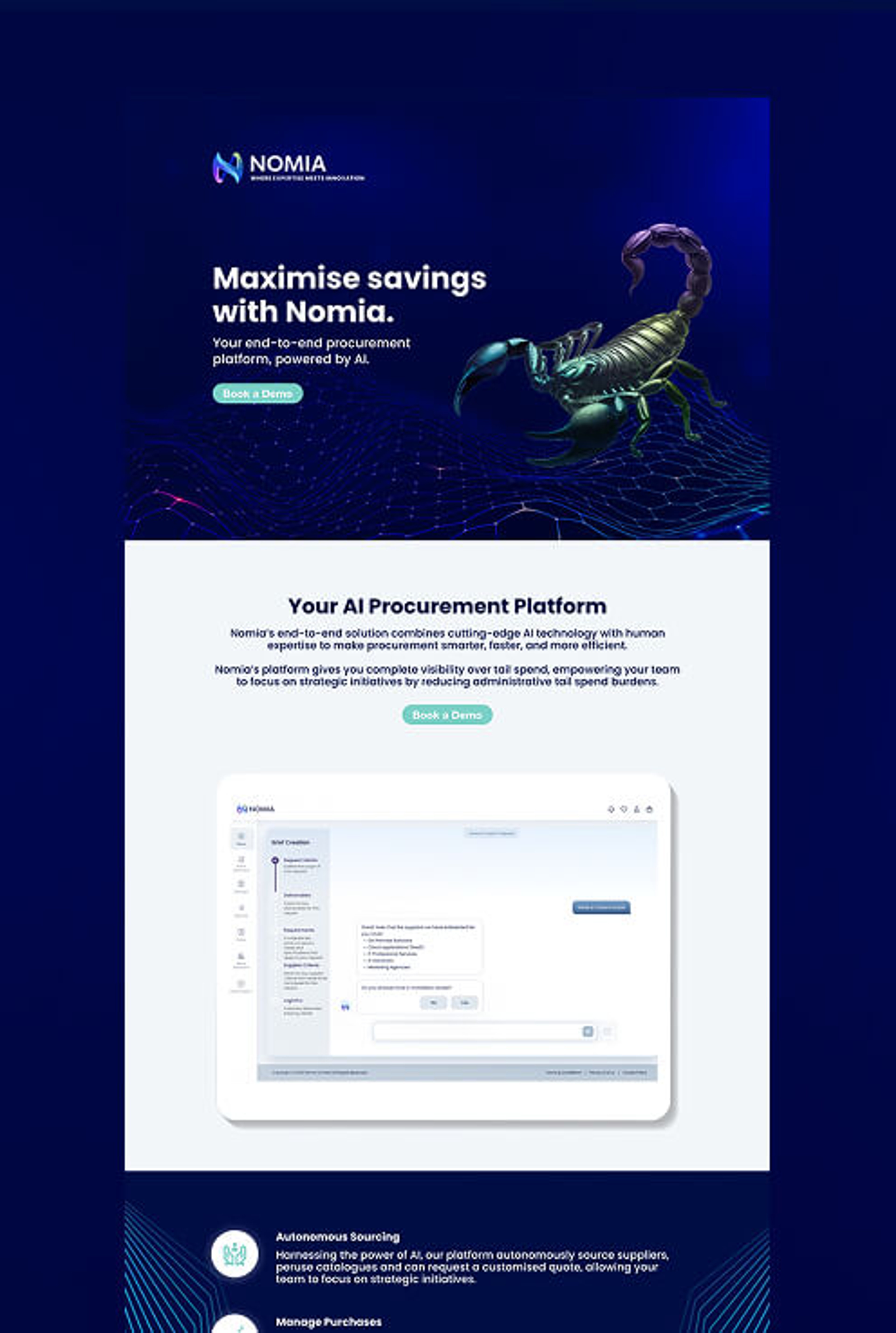 Website interface mock-up showing Nomia platform features with dark blue layout.