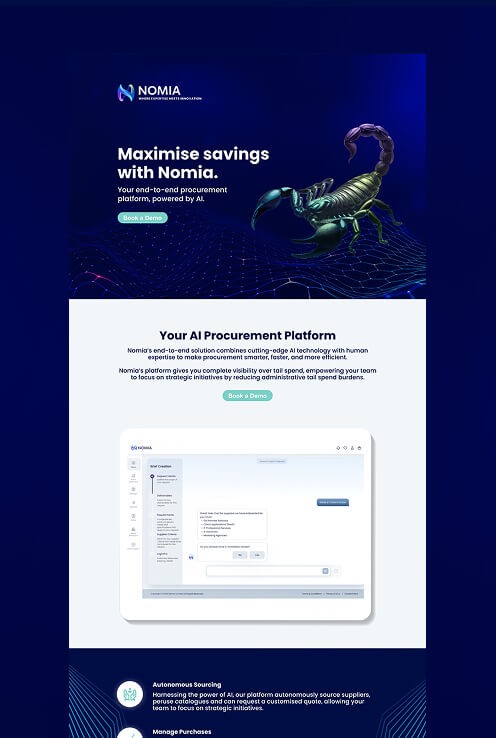 Website interface mock-up showing Nomia platform features with dark blue layout.