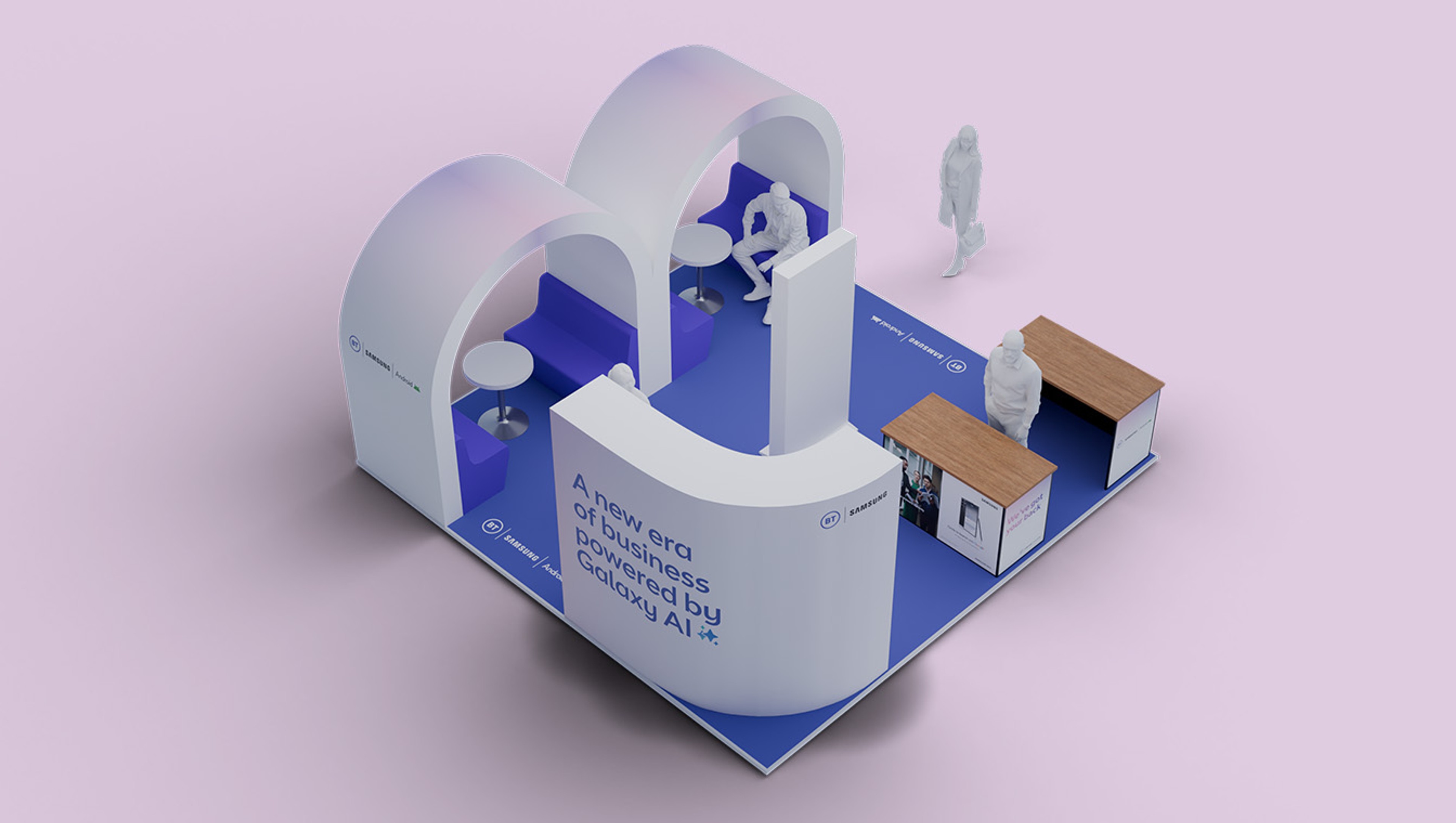 3D render of the BT, Samsung and Android Enterprise Waterloo activation, showing the branded archways, seating areas and engagement counters.