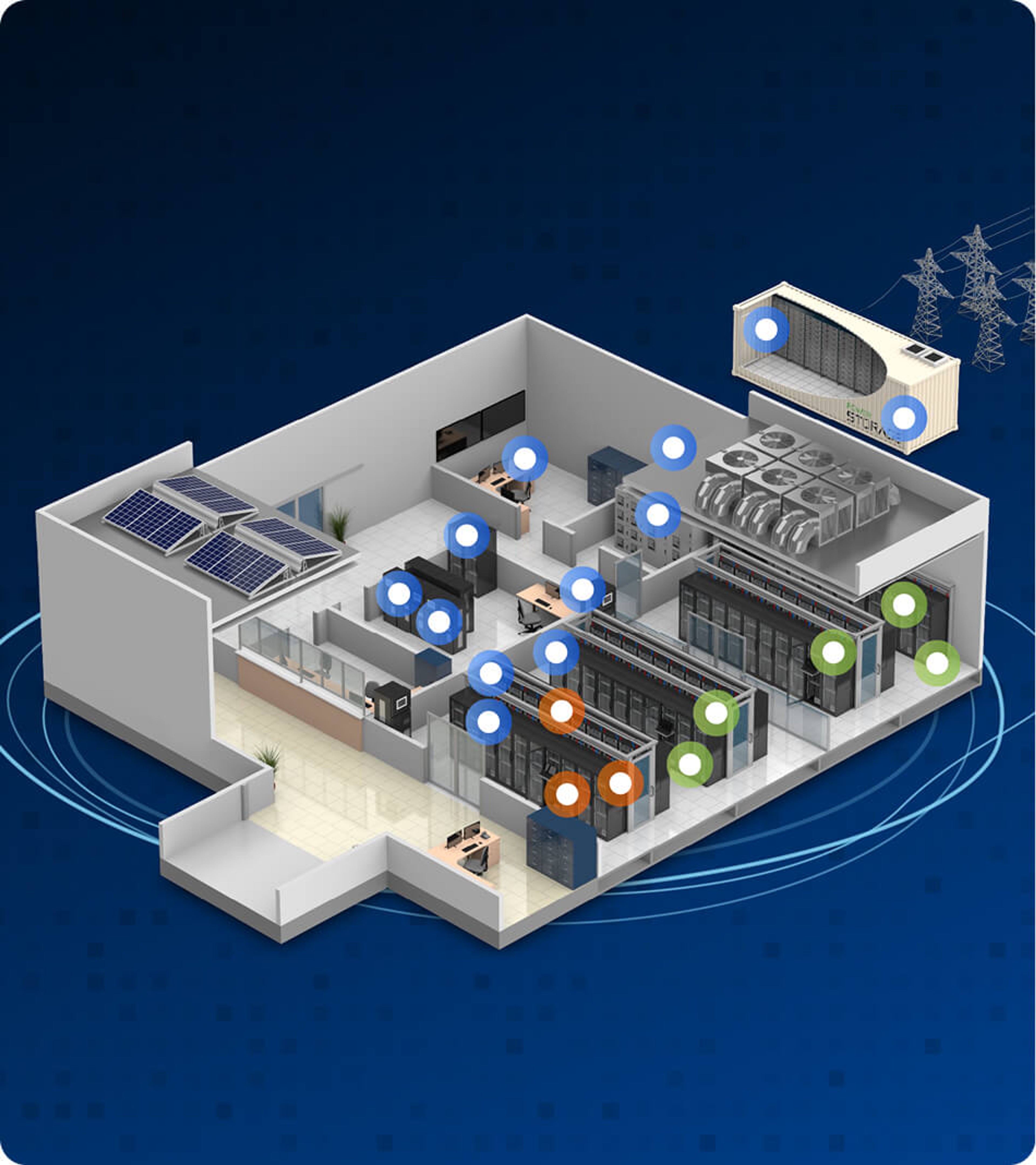 Render of a data center facility with interactive colored location markers.