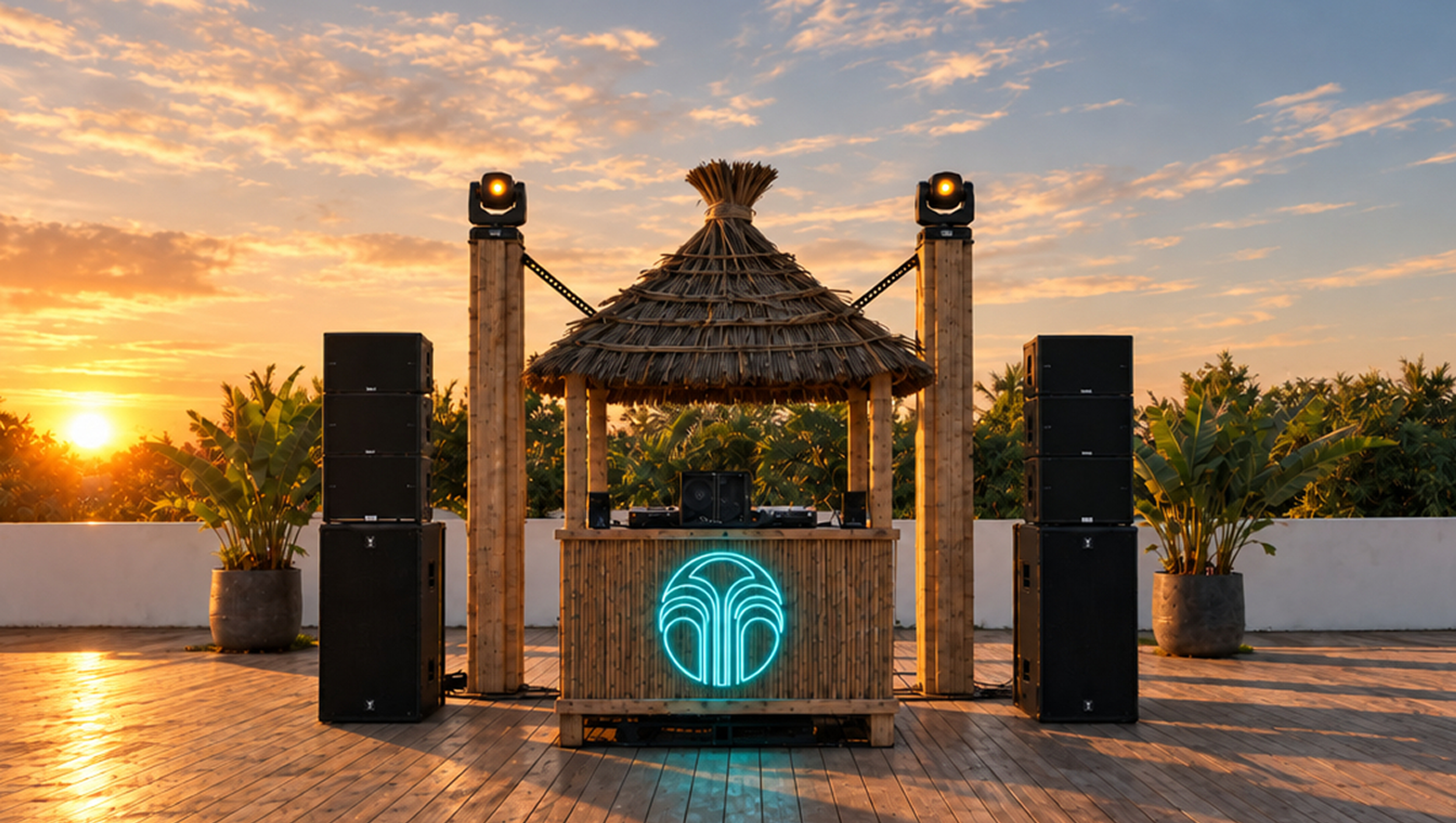 Thatched DJ booth with an illuminated Nu Skin logo, flanked by speakers and tropical plants at sunset.