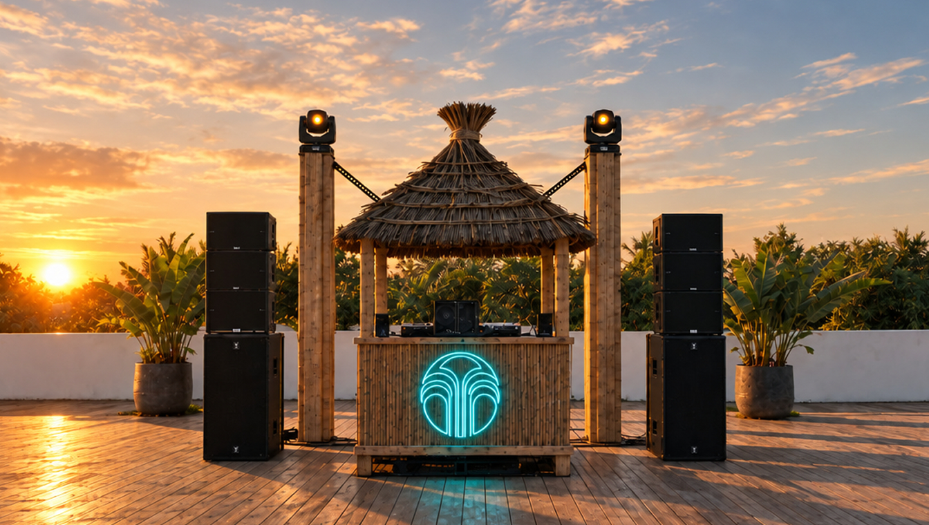 Thatched DJ booth with an illuminated Nu Skin logo, flanked by speakers and tropical plants at sunset.