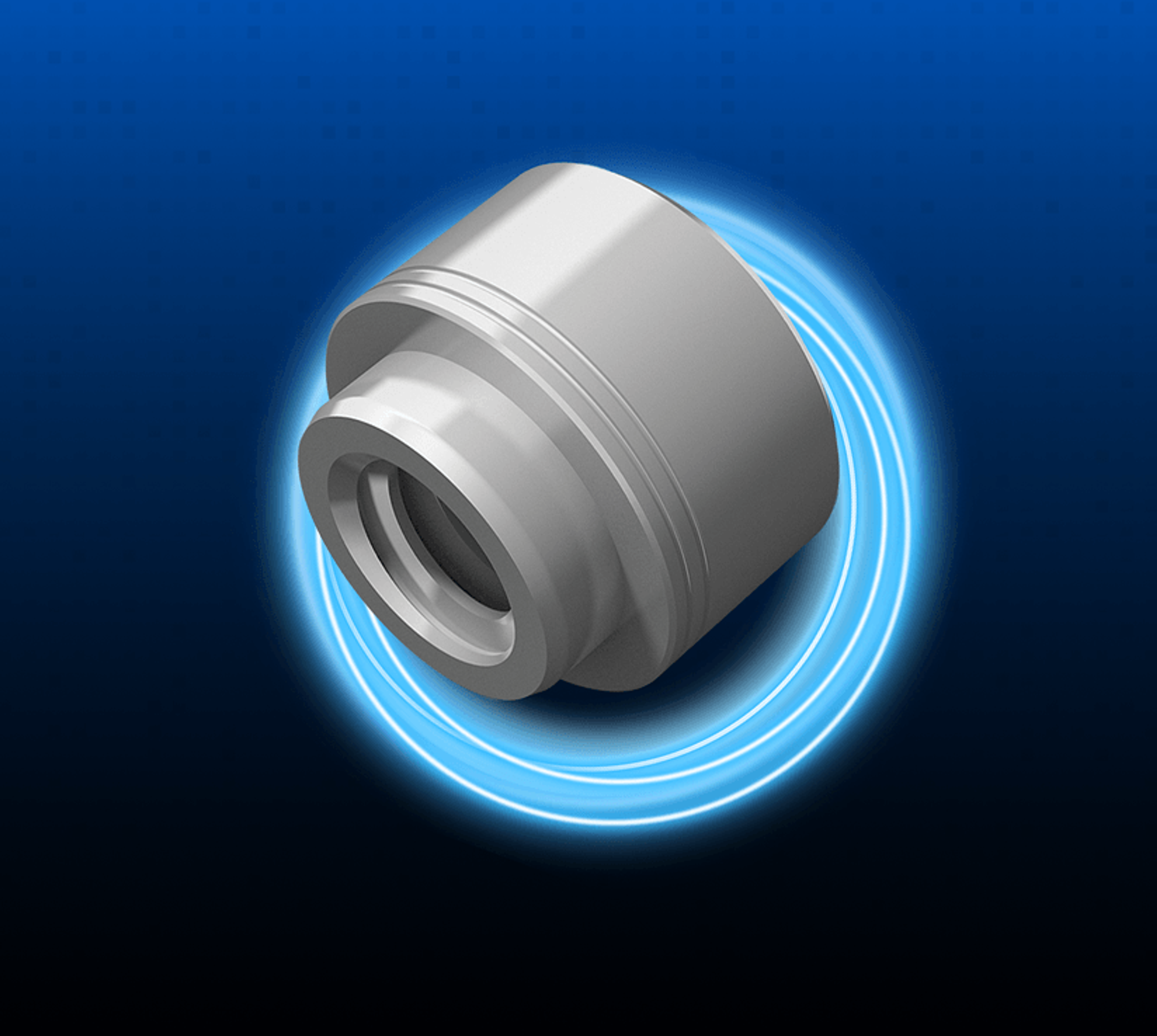3D render of a metallic industrial fastener element glowing against a blue background