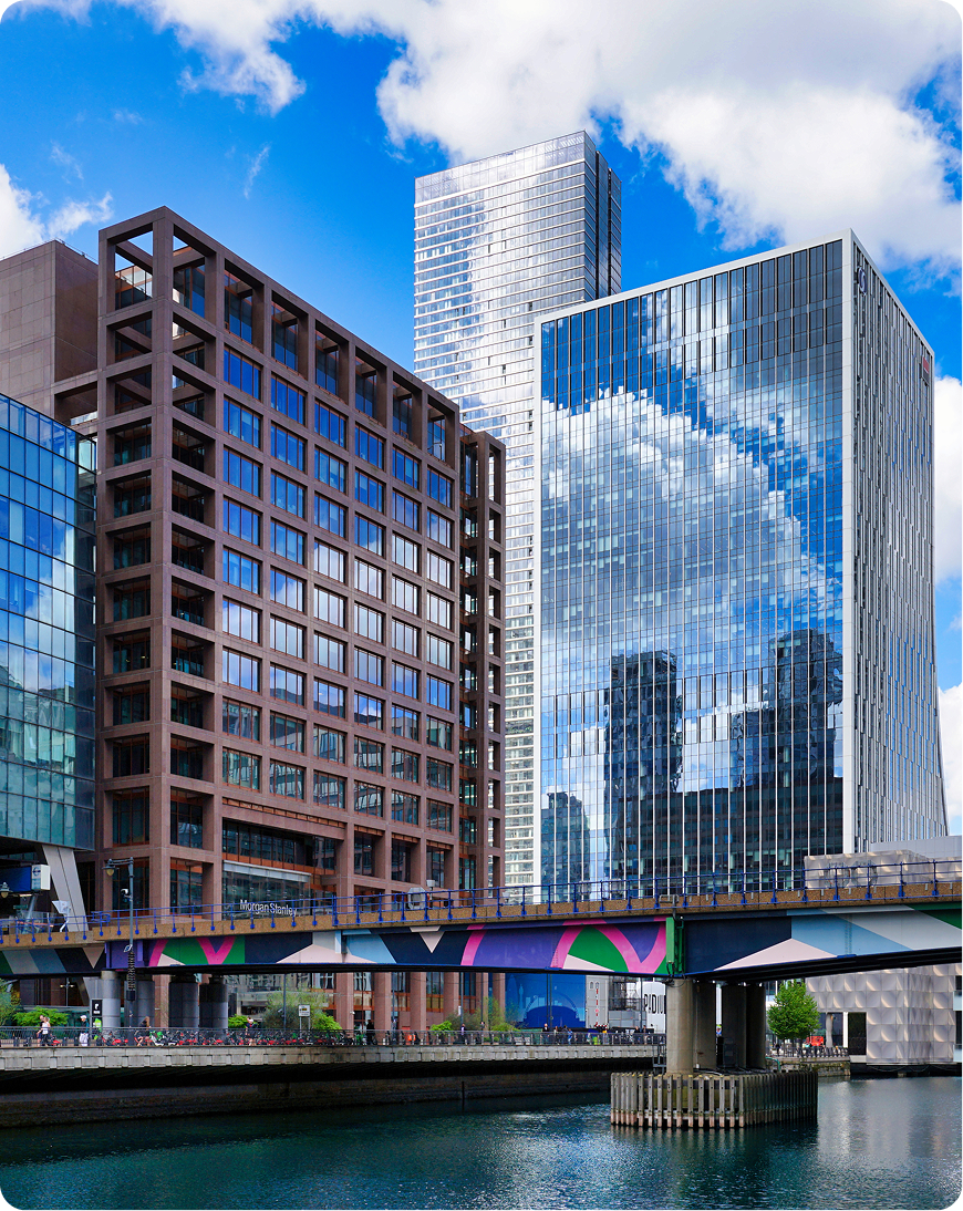 Canary Wharf skyline and modern office buildings in London
