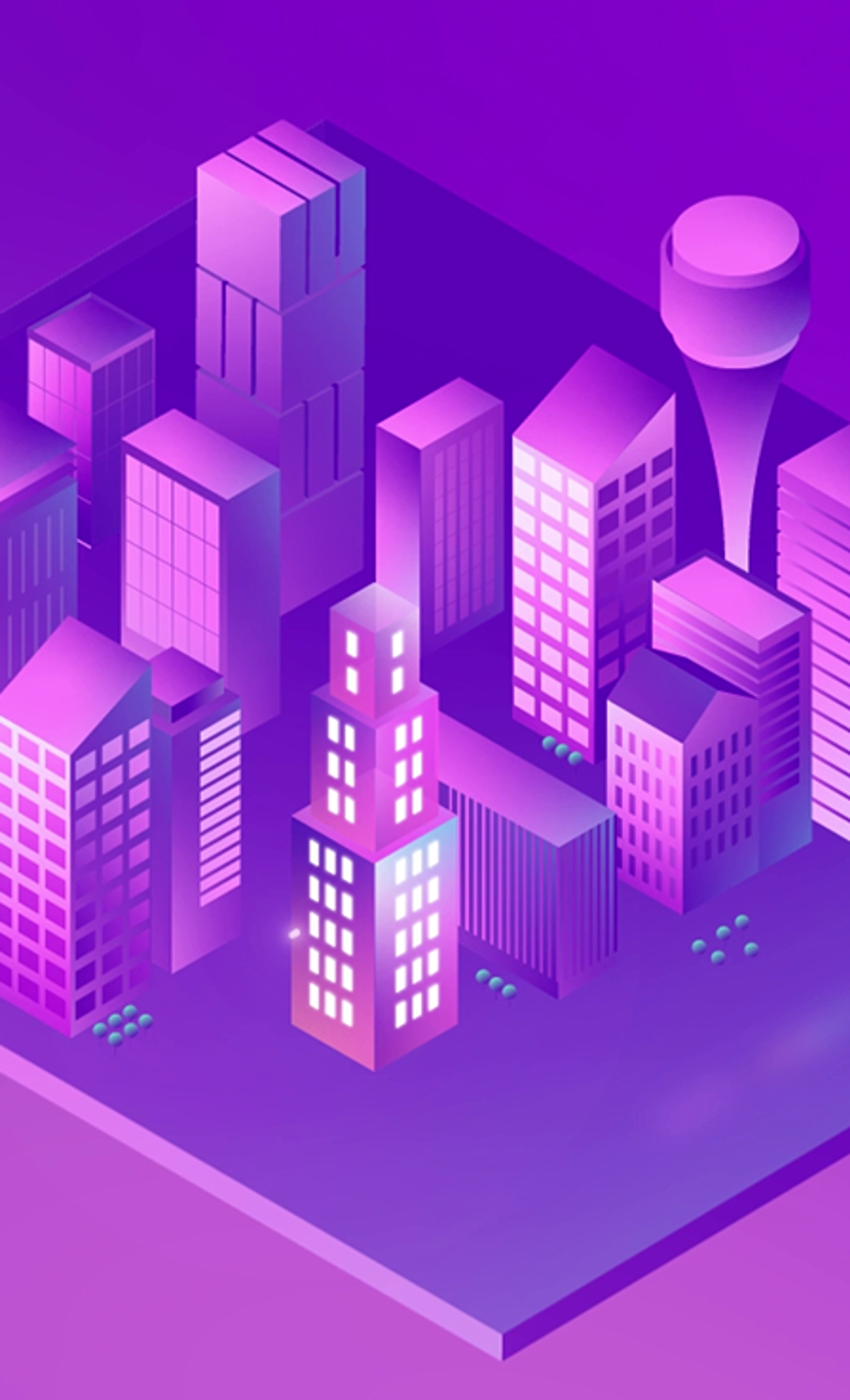 3D isometric vector illustration of a city skyline lit in purple and magenta tones