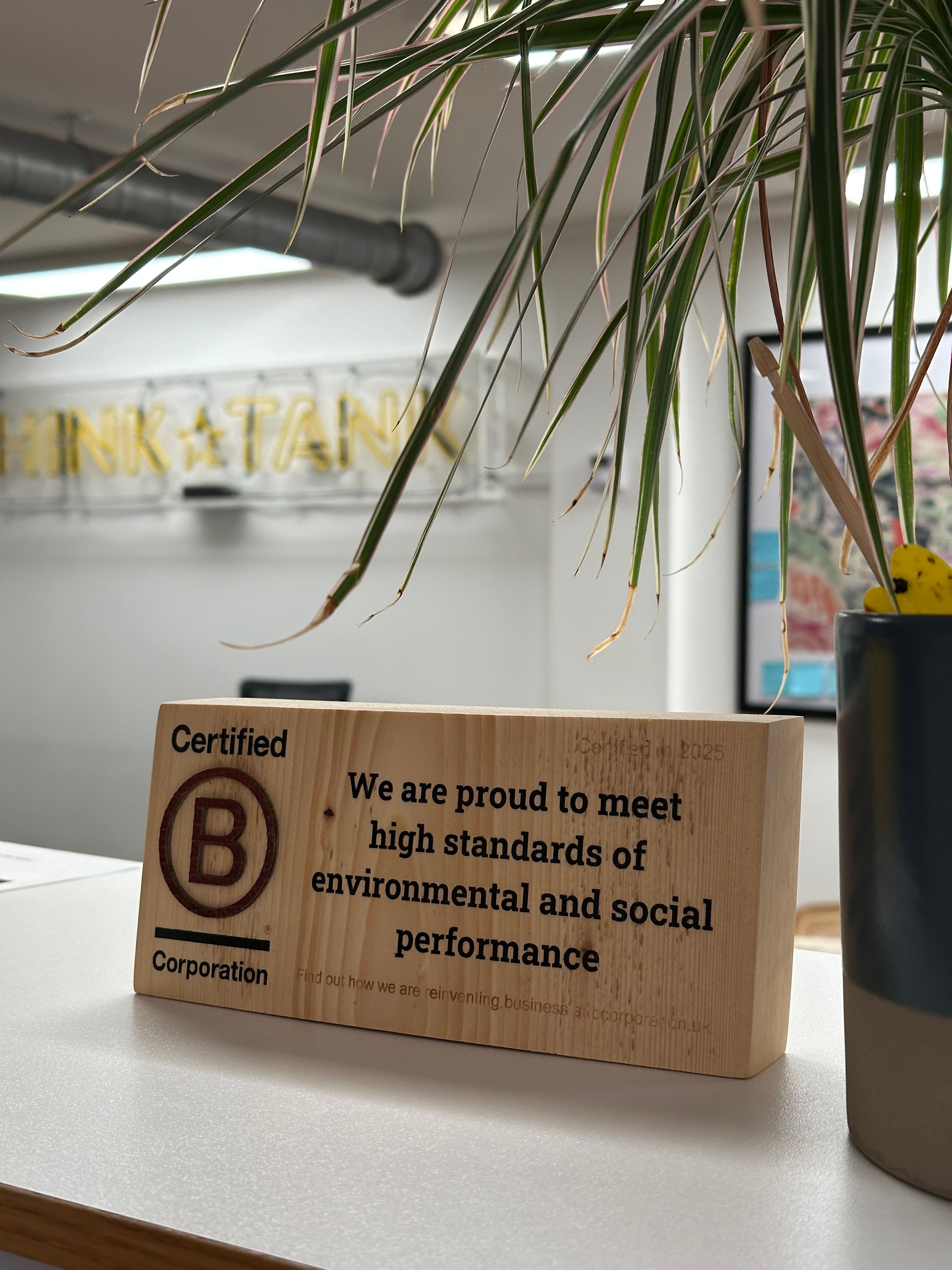 Bcorp trophy sitting on shelf in the Yellow Fish office 