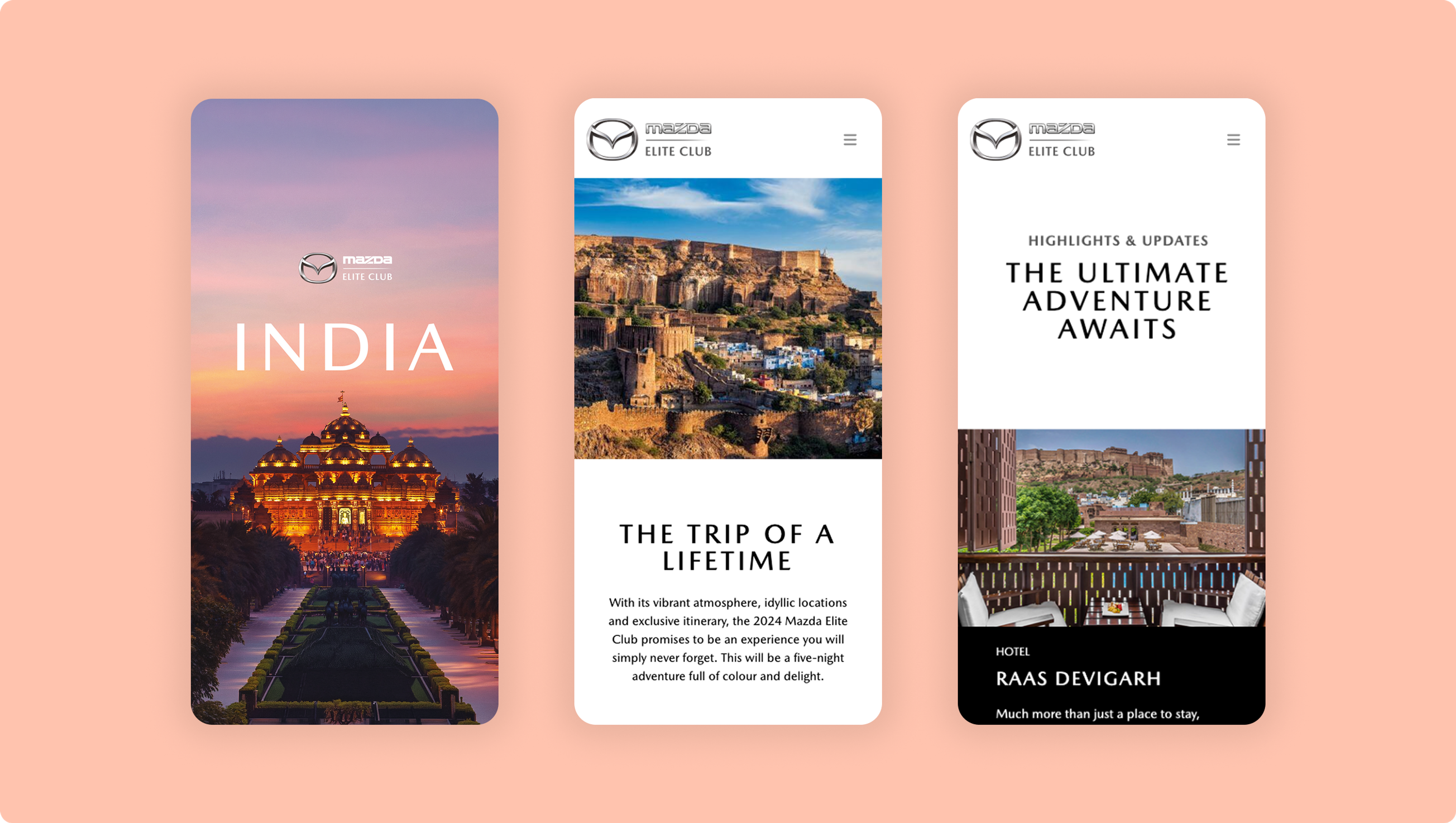 Three mobile screens showcasing the Mazda Elite Club India website, with destination imagery, trip information and hotel highlights.