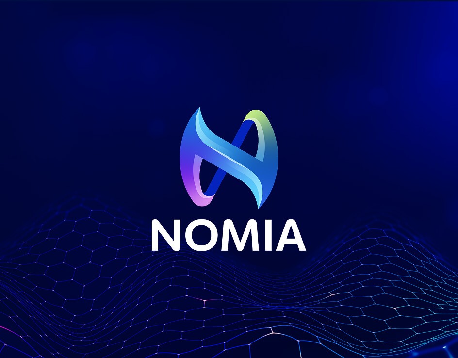NOMIA logo featuring a stylized gradient ribbon 'N' over a dark blue wireframe grid background