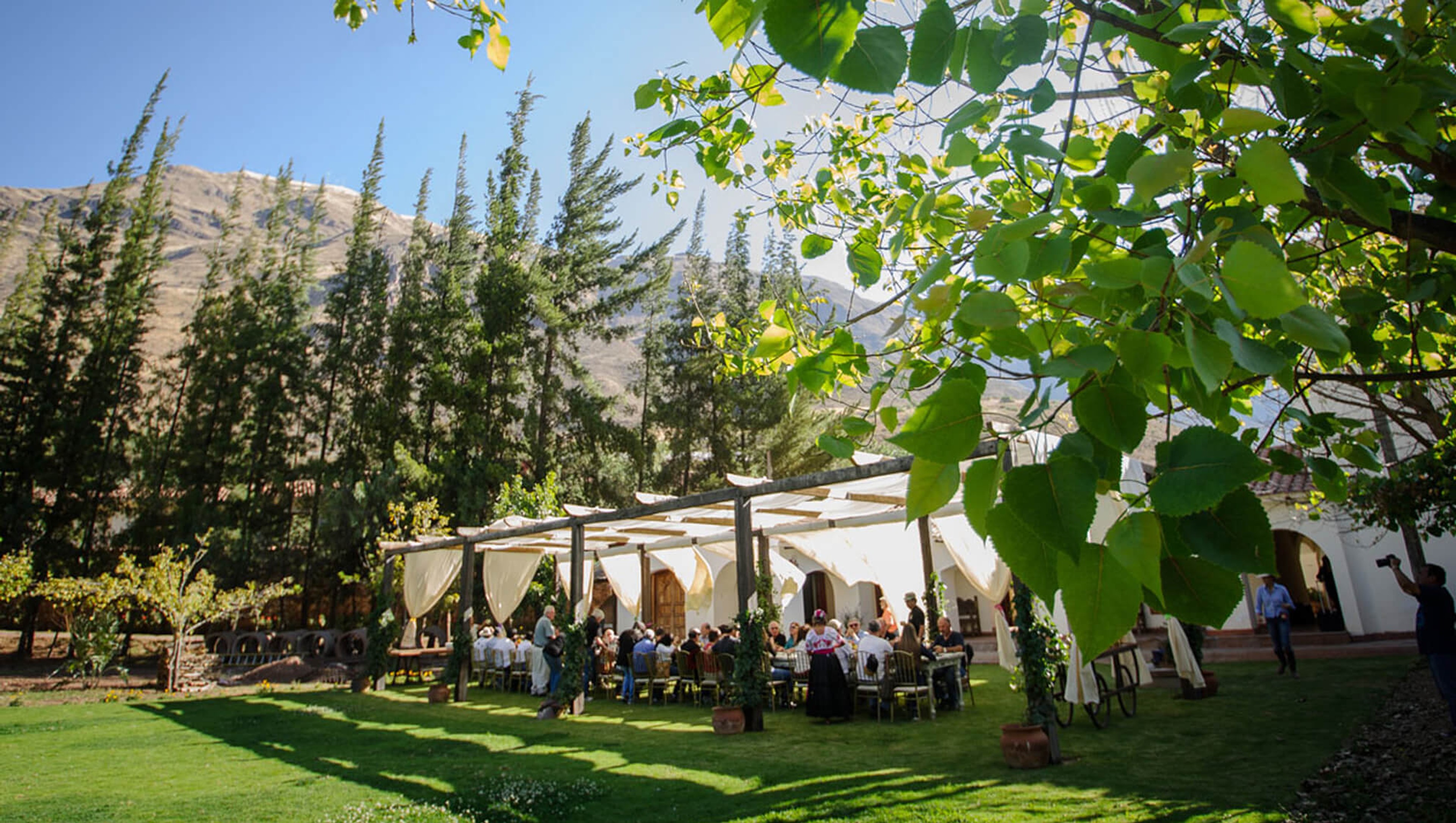 Quadient guests enjoying an outdoor meal beneath a draped canopy, surrounded by trees and mountains.