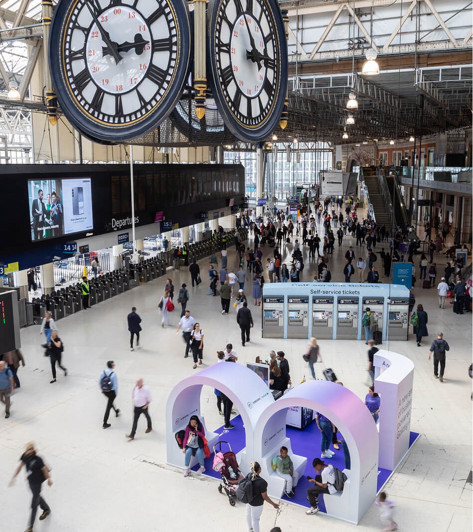 BT and Samsung experiential activation in London Waterloo station, featuring a branded pop-up space promoting Galaxy AI to passing commuters.