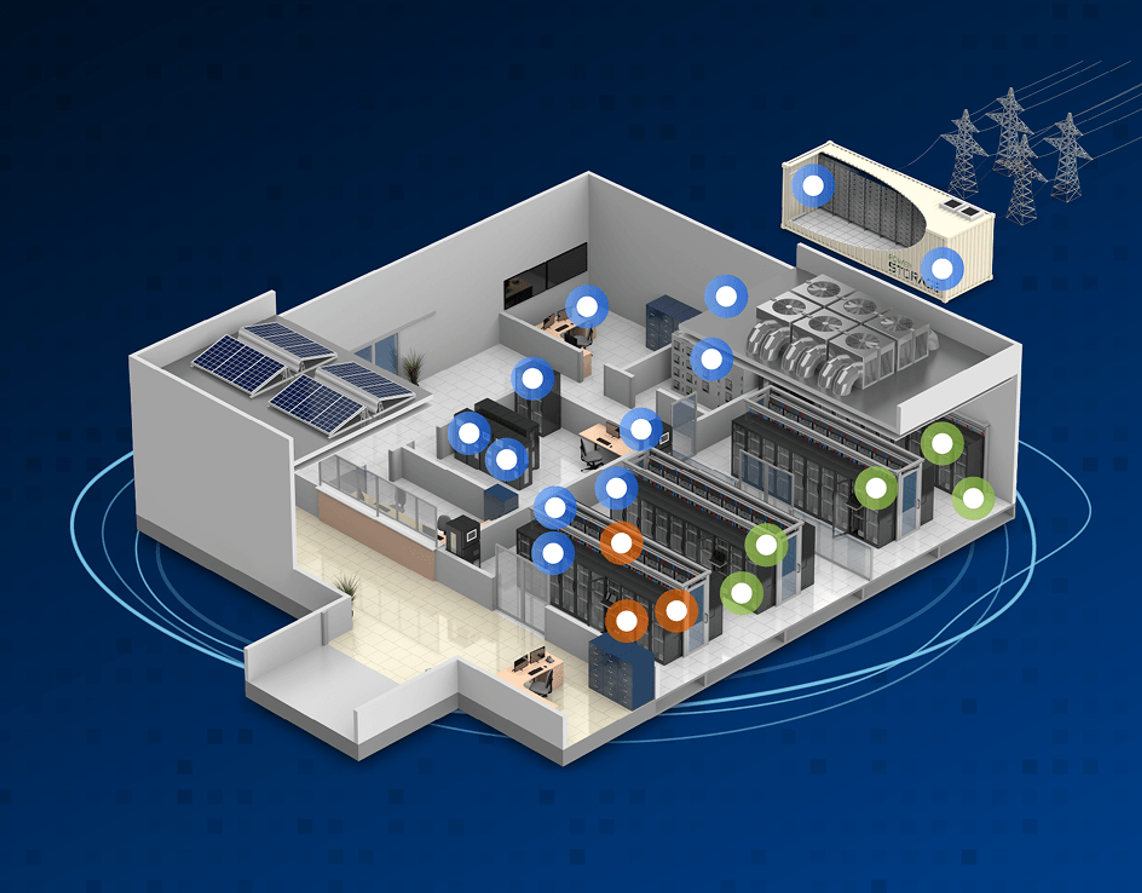 D cutaway architectural diagram of a data center facility with interactive colored location markers.