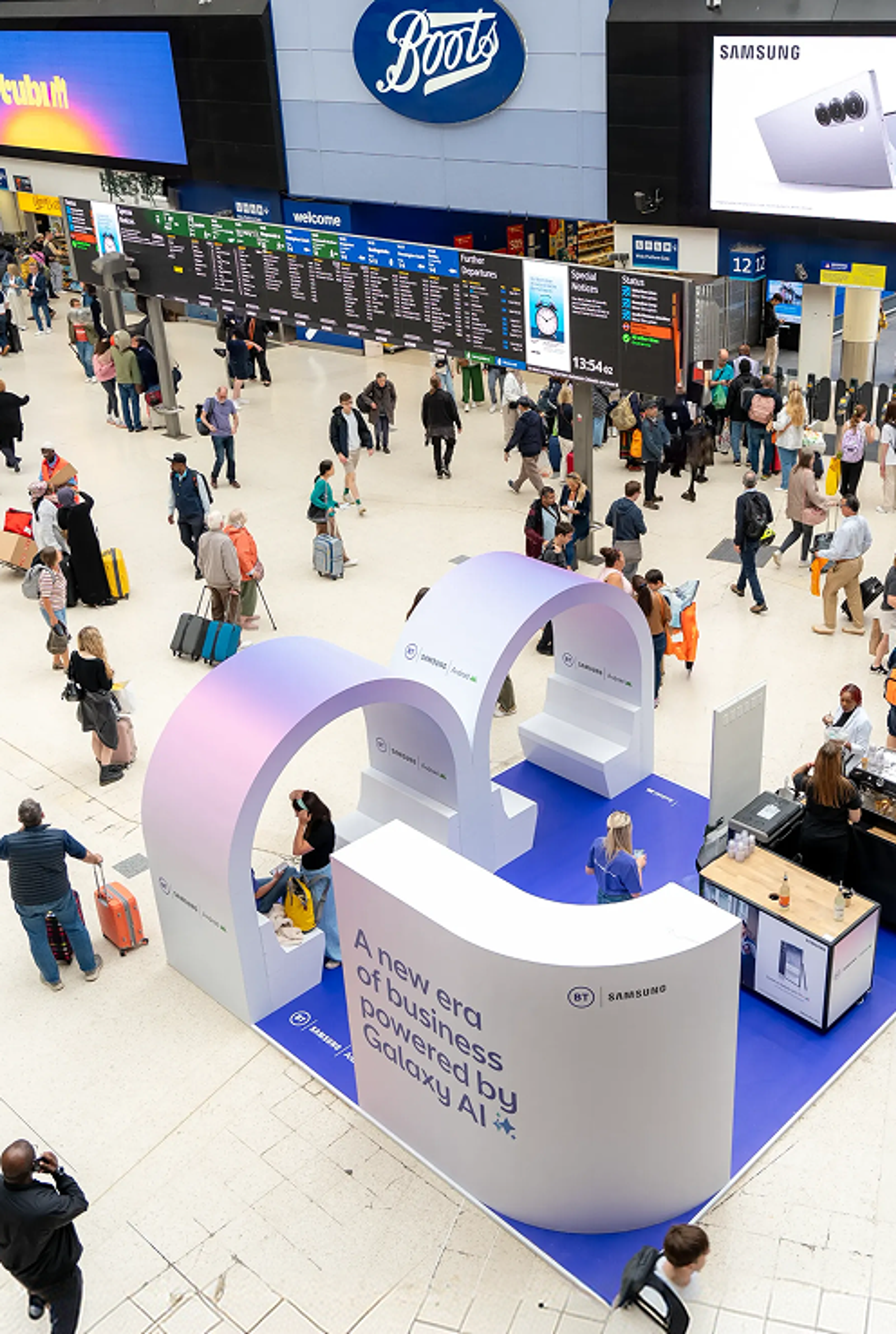 Overhead view of the BT, Samsung and Android Enterprise activation at Waterloo Station