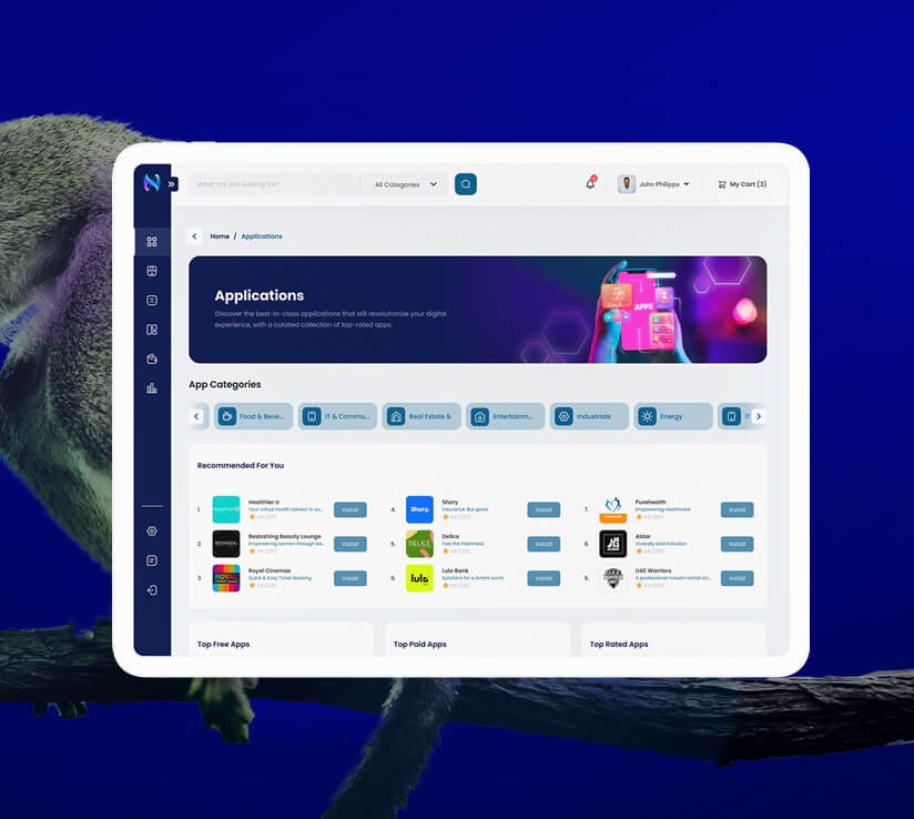 Squirrel monkey sitting on a branch alongside an overlay of a digital application dashboard.