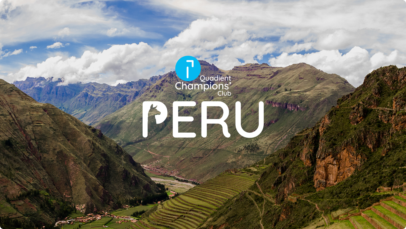 Quadient Champions’ Club Peru branding over a mountain valley with green agricultural terraces.