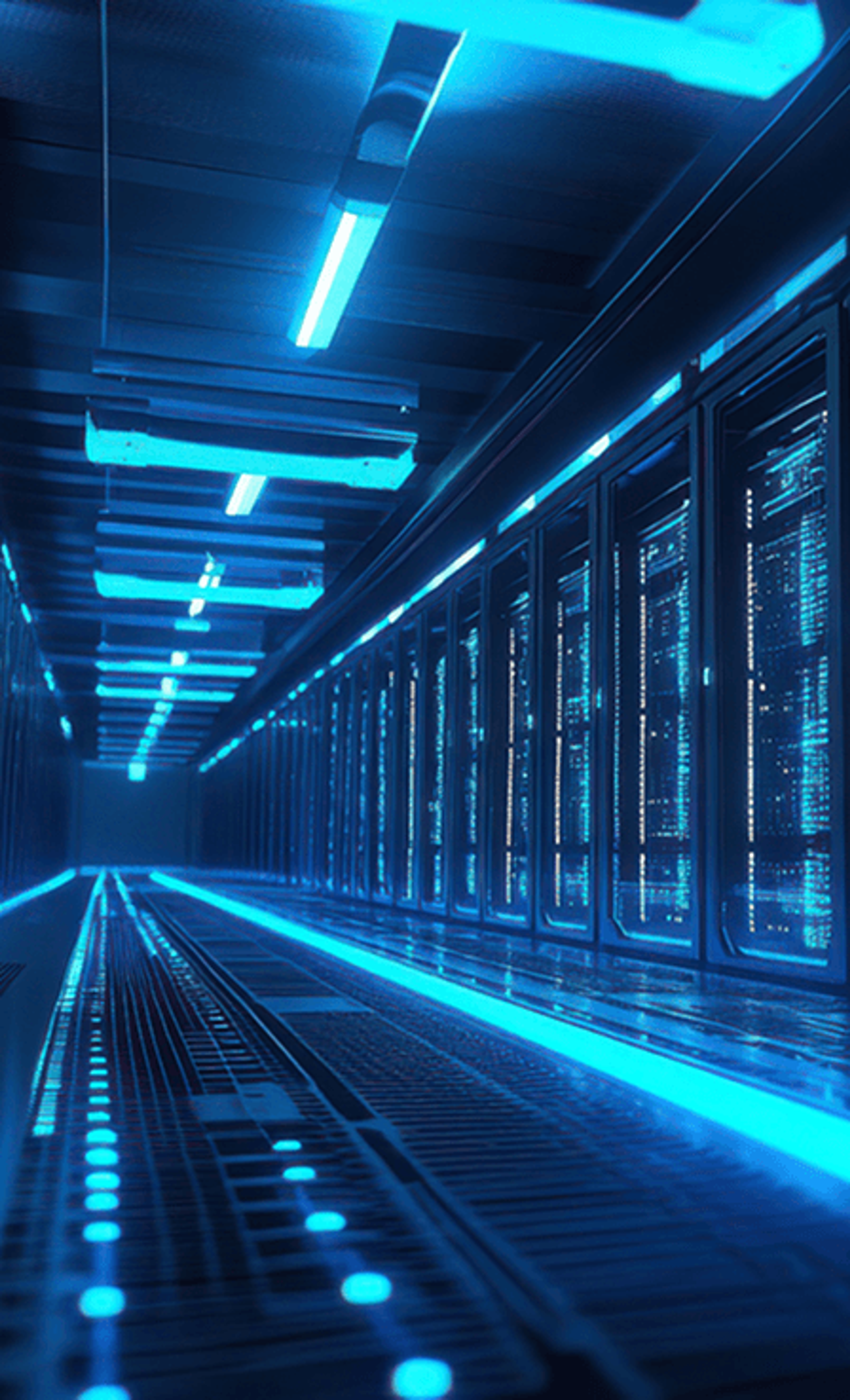 Futuristic server room corridor with glowing blue lighting along the floor and ceiling.