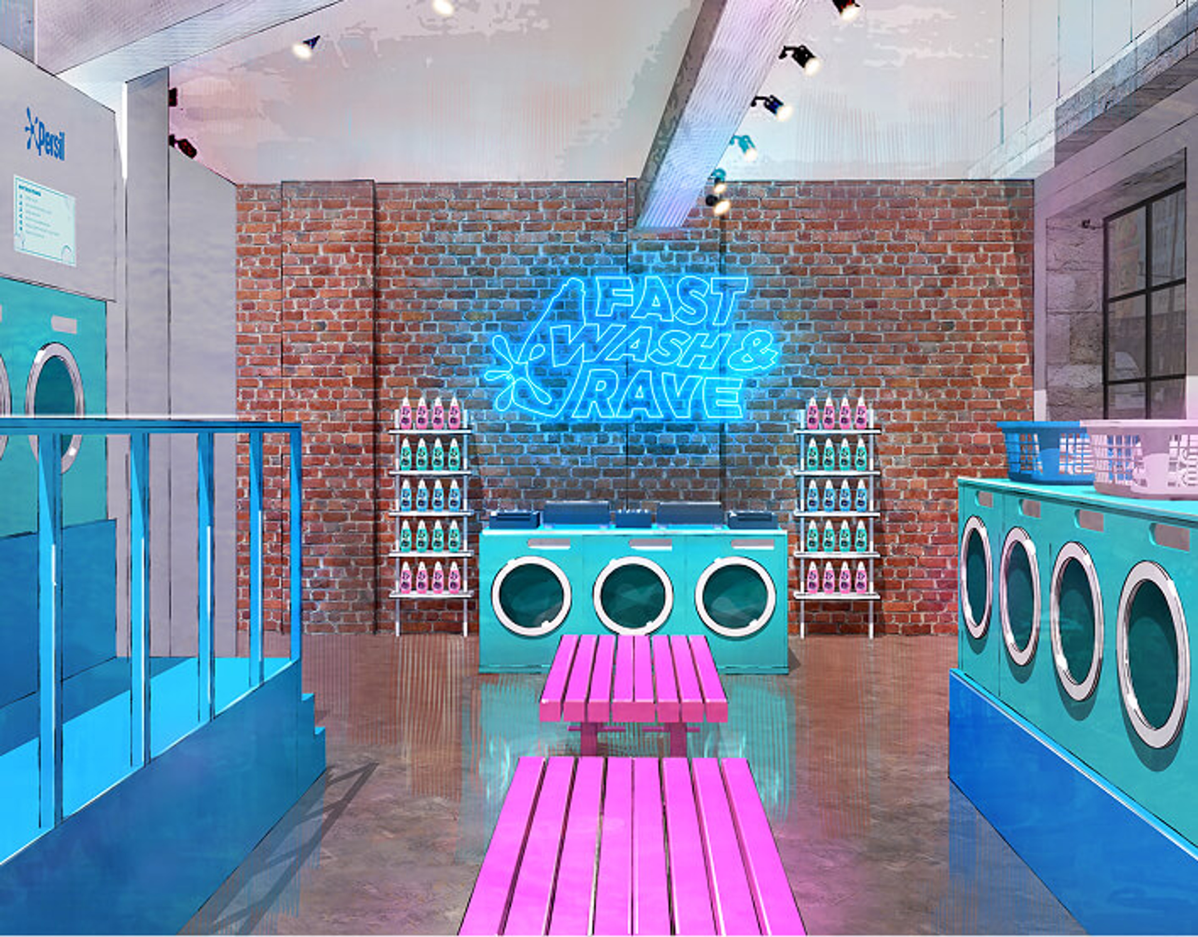 3D concept visualization of a laundromat-themed event space featuring neon 'Fast Wash & Rave' signage