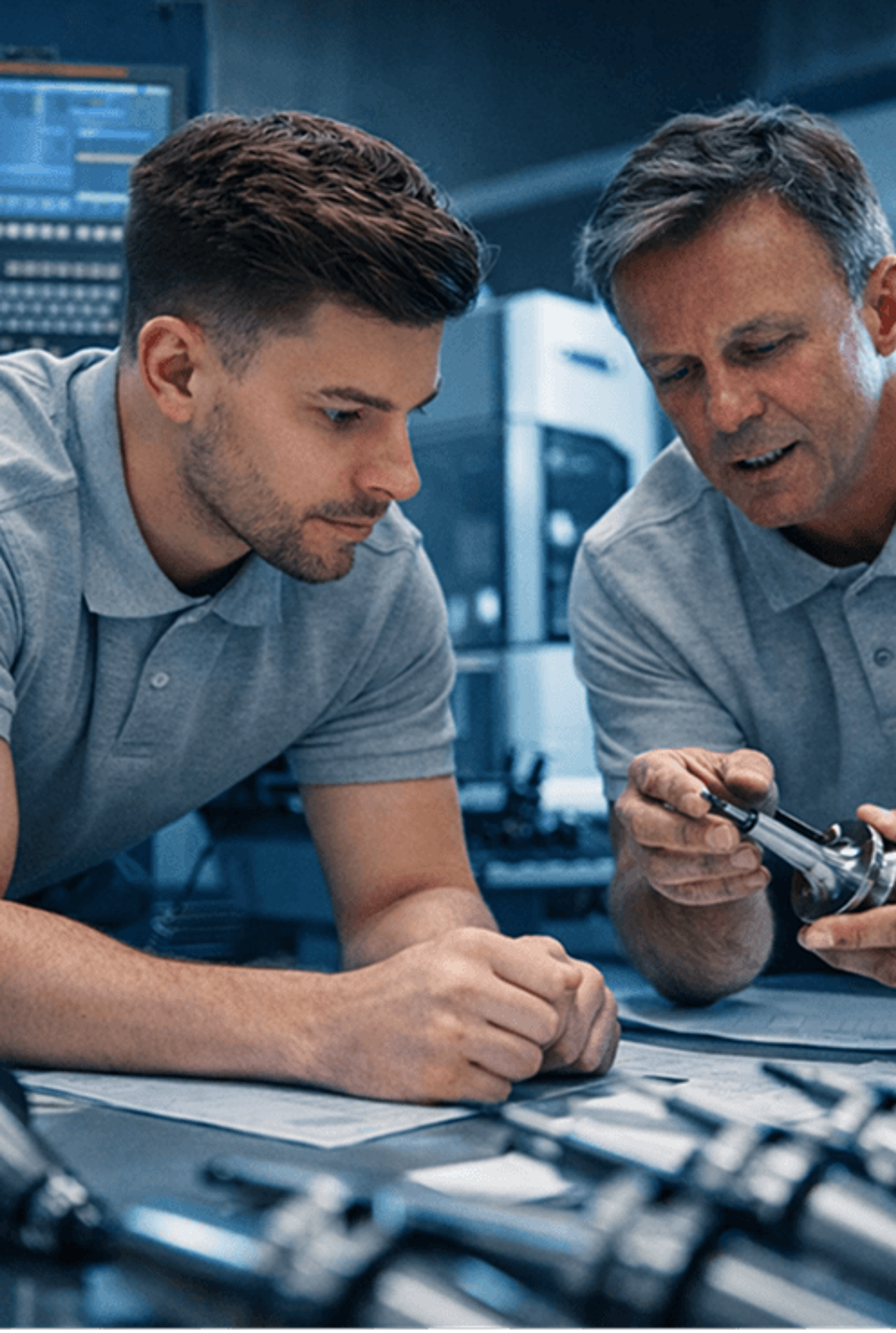 Two male engineers reviewing technical drawings and precision components in a workshop