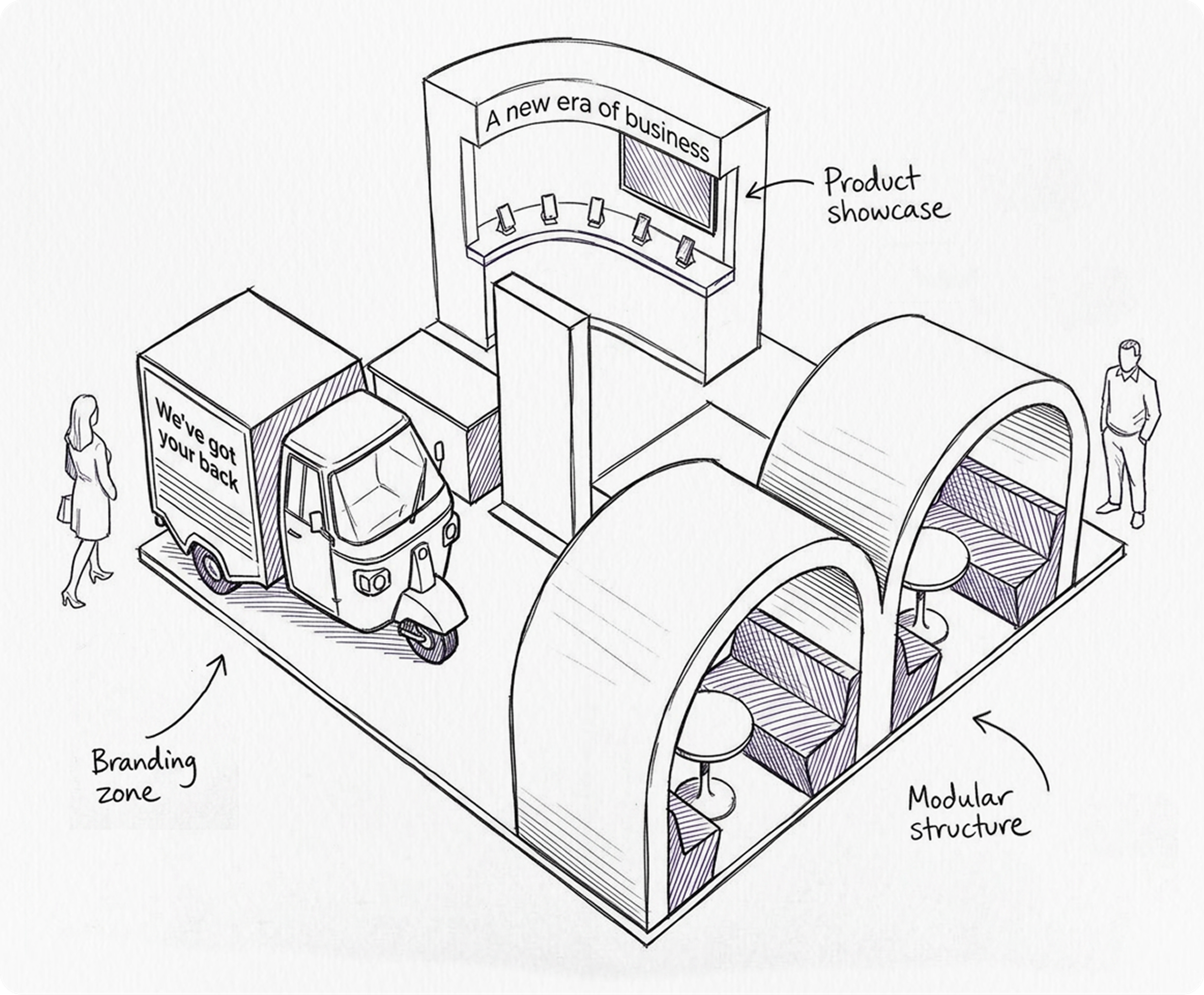 Concept sketch showing the modular design of the BT Waterloo activation