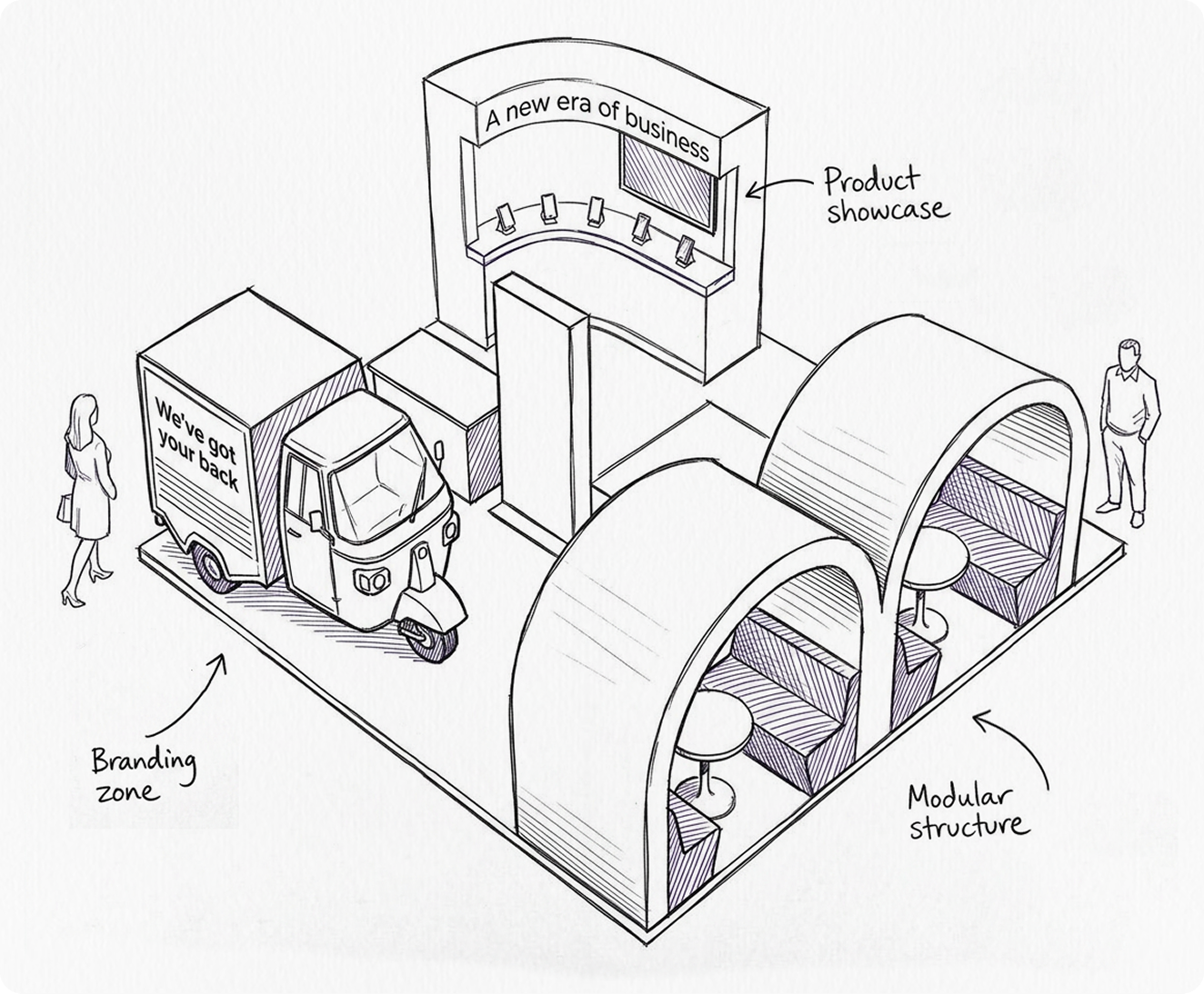Concept sketch showing the modular design of the BT Waterloo activation