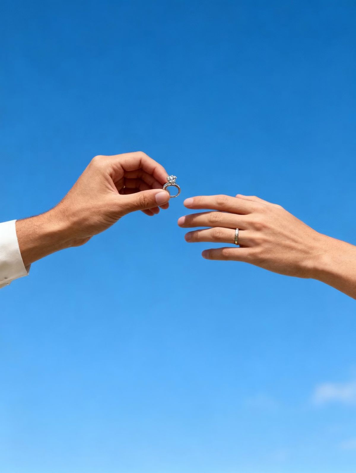 Two hands passing a wedding ring against a clear blue sky