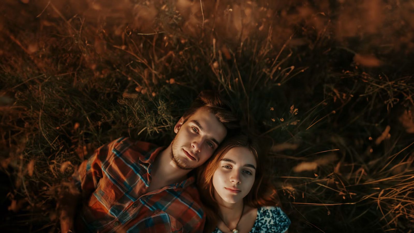 Couple lying in the grass, close together