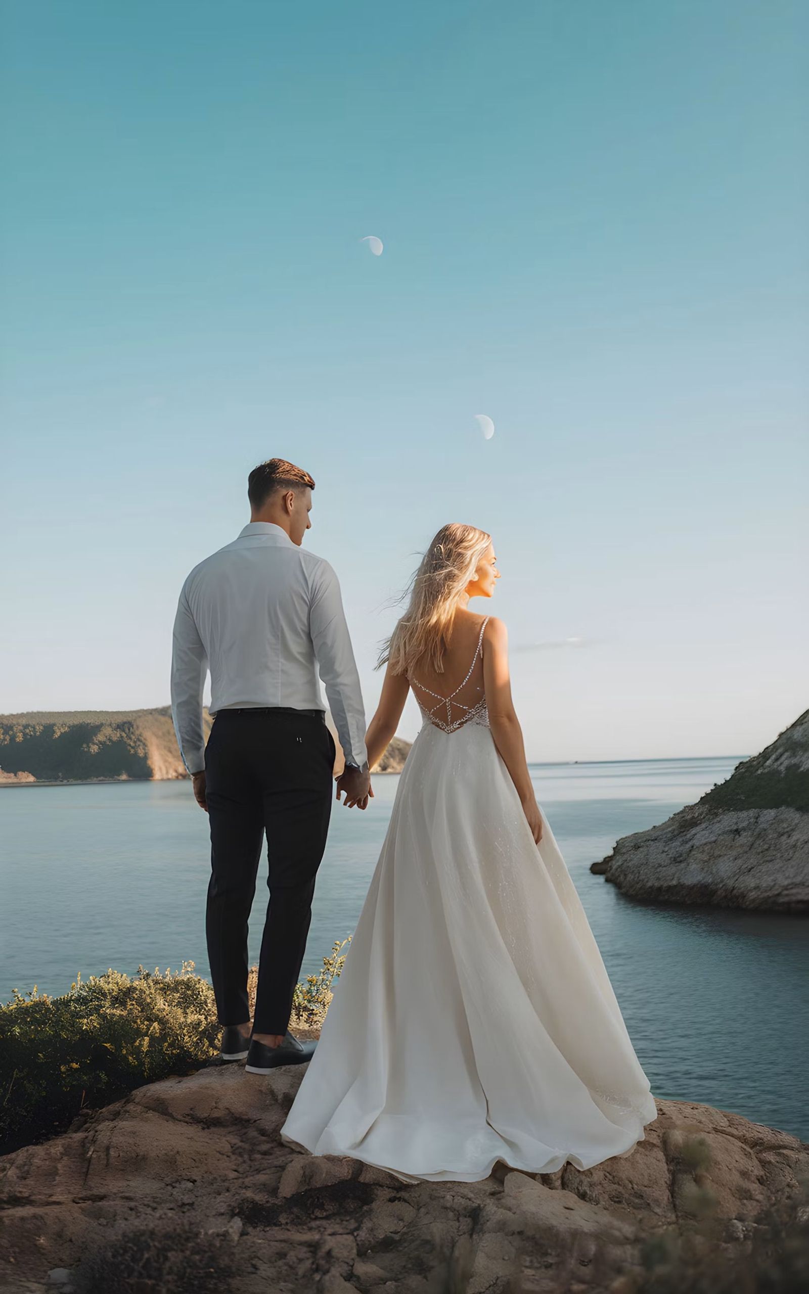 Bride and groom holding hands on a cliff above the sea
