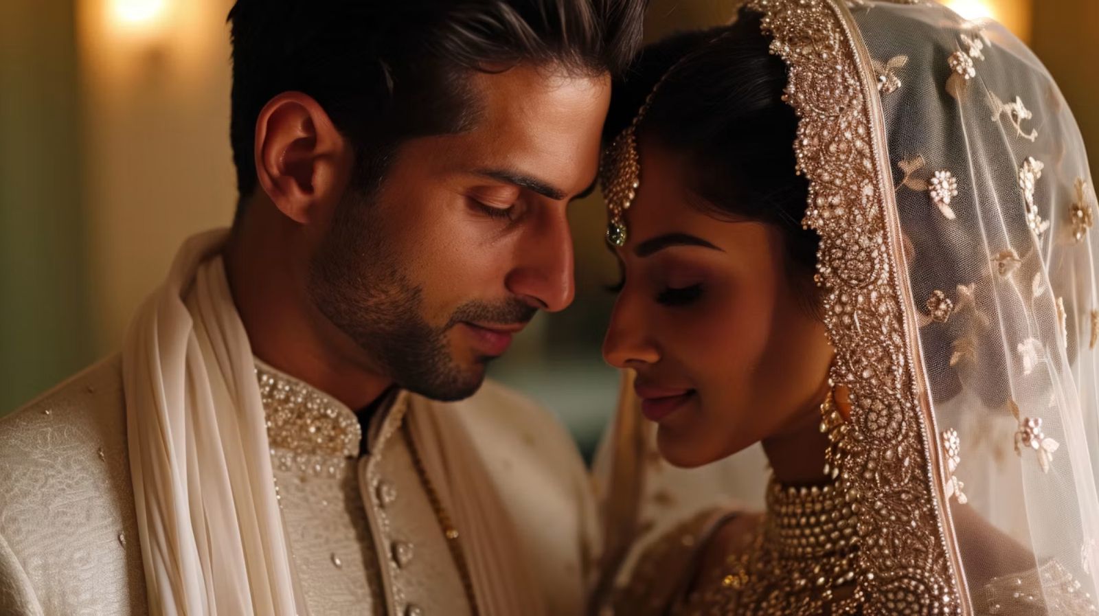 Bride and groom touching foreheads in traditional attire