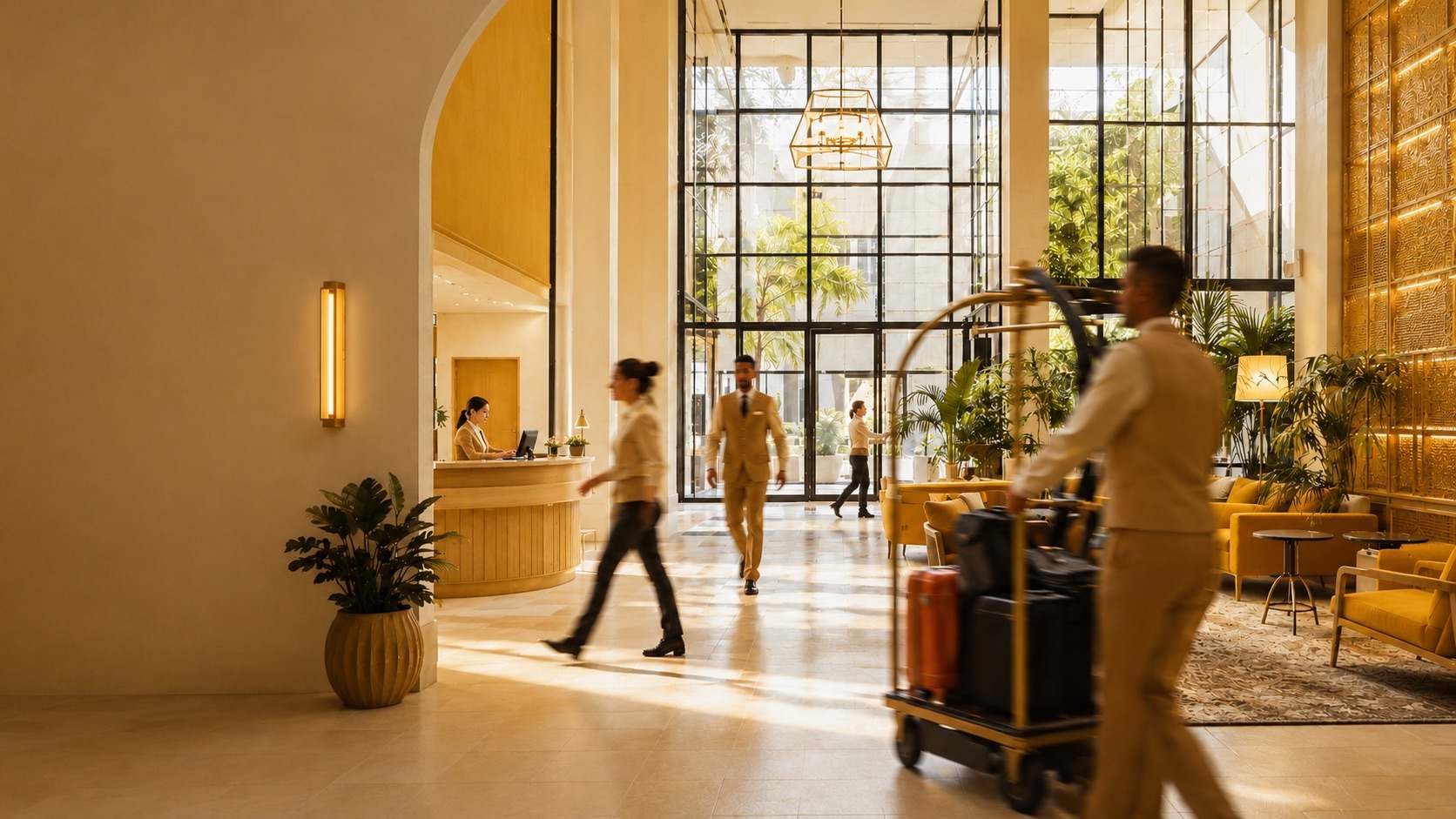 Le personnel d’un hôtel en plein service dans un grand hall lumineux