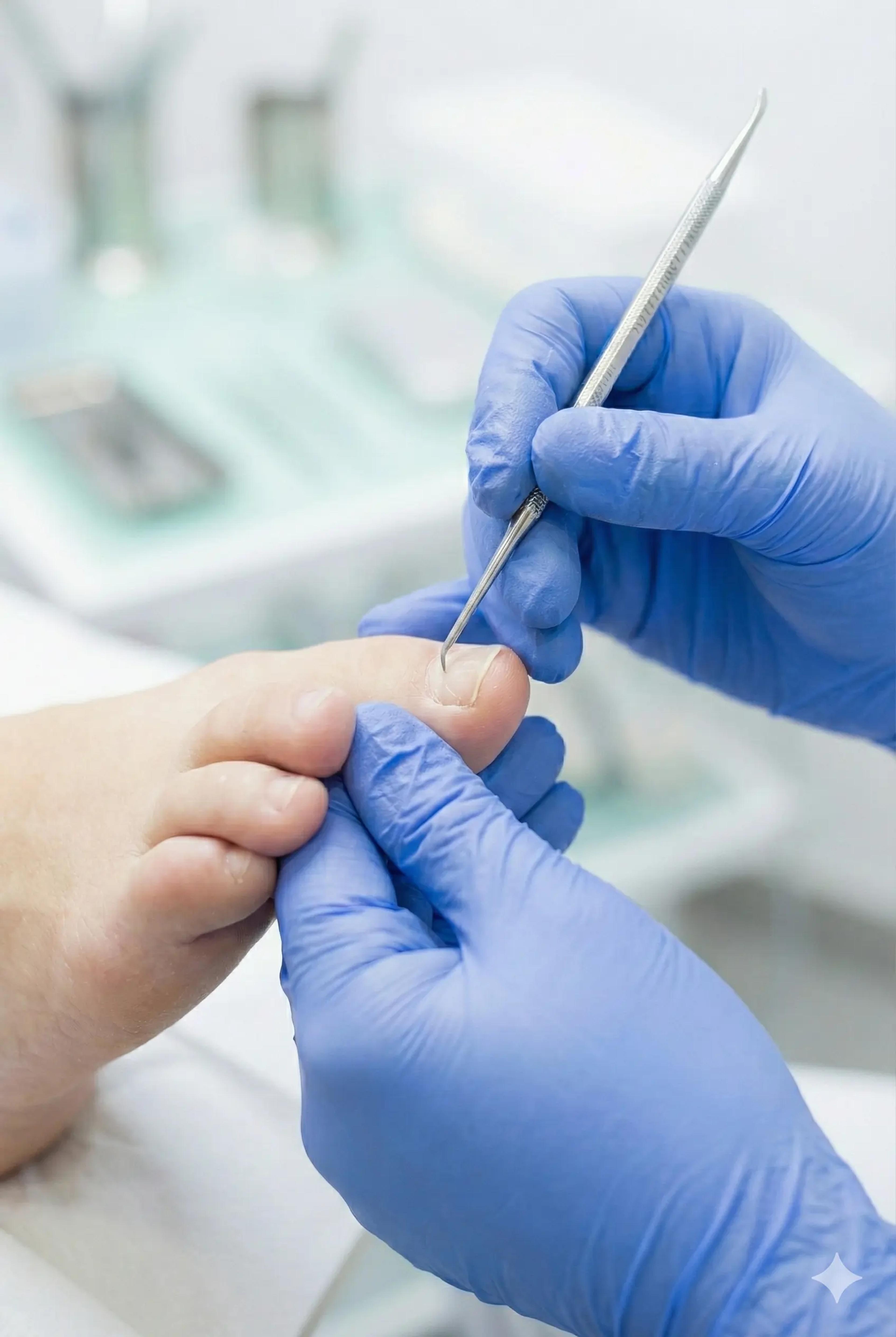 Medical pedicure treatment using sterile podiatry tools for nail care.