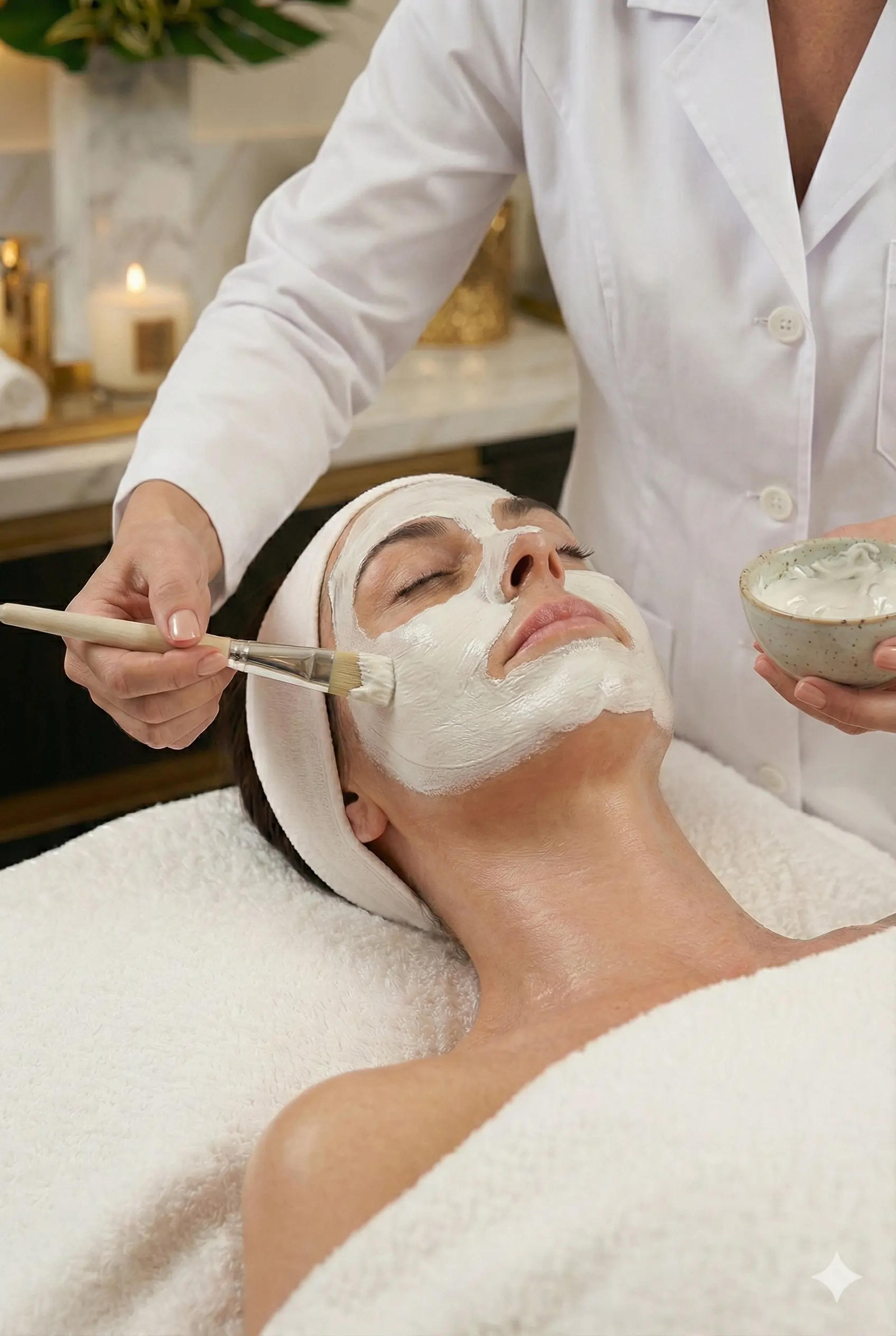 Professional application of a hydrating face mask with a brush during a facial.