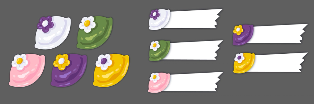 Sketches of a selection of pastel coloured rice cake treats decorated with flowers 