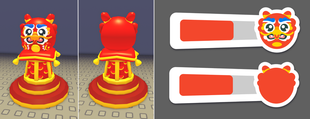 These images depict the large red dragon statue that overlooked the players in this minigame, and the matching UI element that was a timing indicator for players