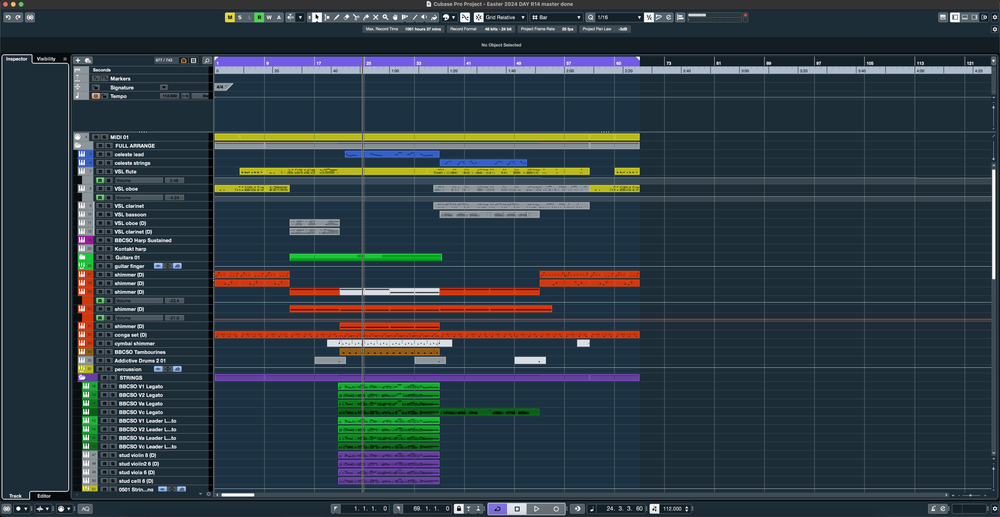 another screenshot of the Ableton software, this time showing a completed arrangement in coloured rows of audio samples.