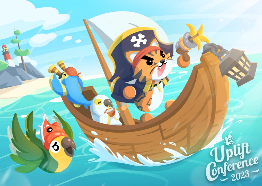 Digital artwork of a postcard. It depicts a cartoony scene where a Leopard in a pirate hat & coat stands at the prow of a small sailboat, pointing a banana grappling hook forwards. Behind them, two parrots rest in the boat. A white one is sipping from a coconut shell, while behind it a blue one is looking backwards with a pair of binoculars. Beside the boat a green parrot with a fish -shaped hat flies alongside the boat. The bottom left of the postcard has white semi-opaque text that reads "Uplift Conference 2023"