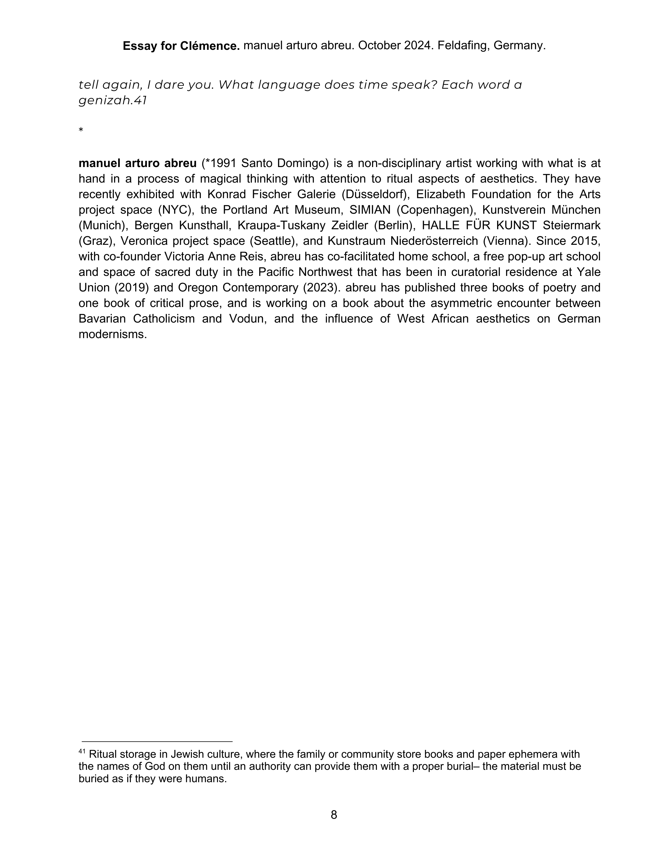 Essay for Clémence | manuel  arturo abreu