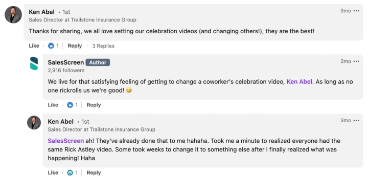 Trailstone Insurance Group's shenanigans when choosing a coworker's celebration on SalesScreen.