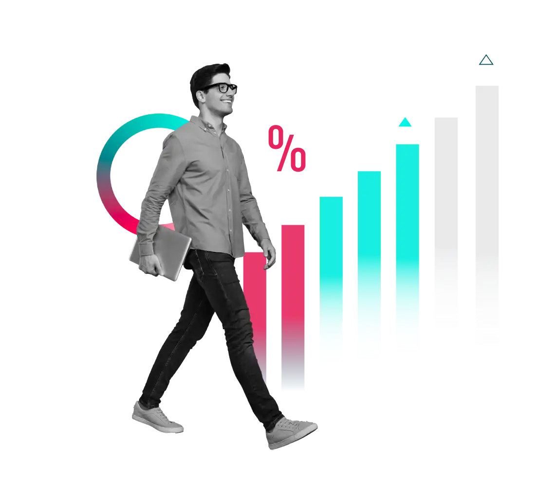 Man walking infront of graph