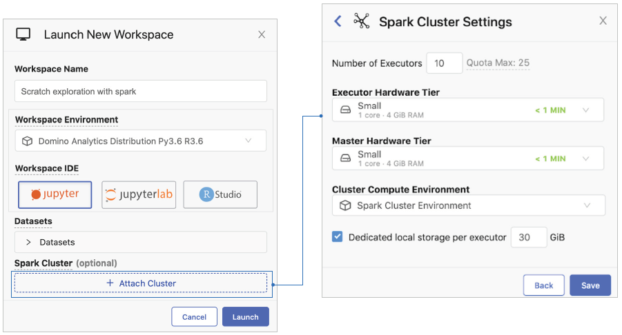 Launching a workspace in Domino and adjusting Spark cluster settings
