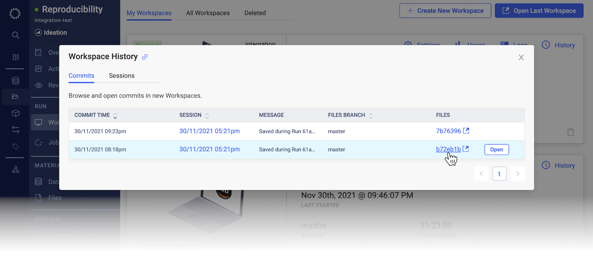 View workspace history