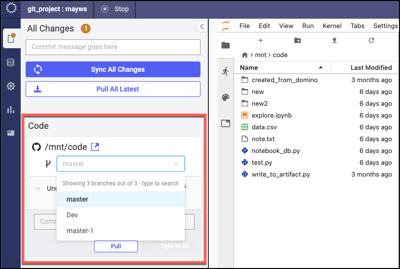 Switching Git branches in Domino