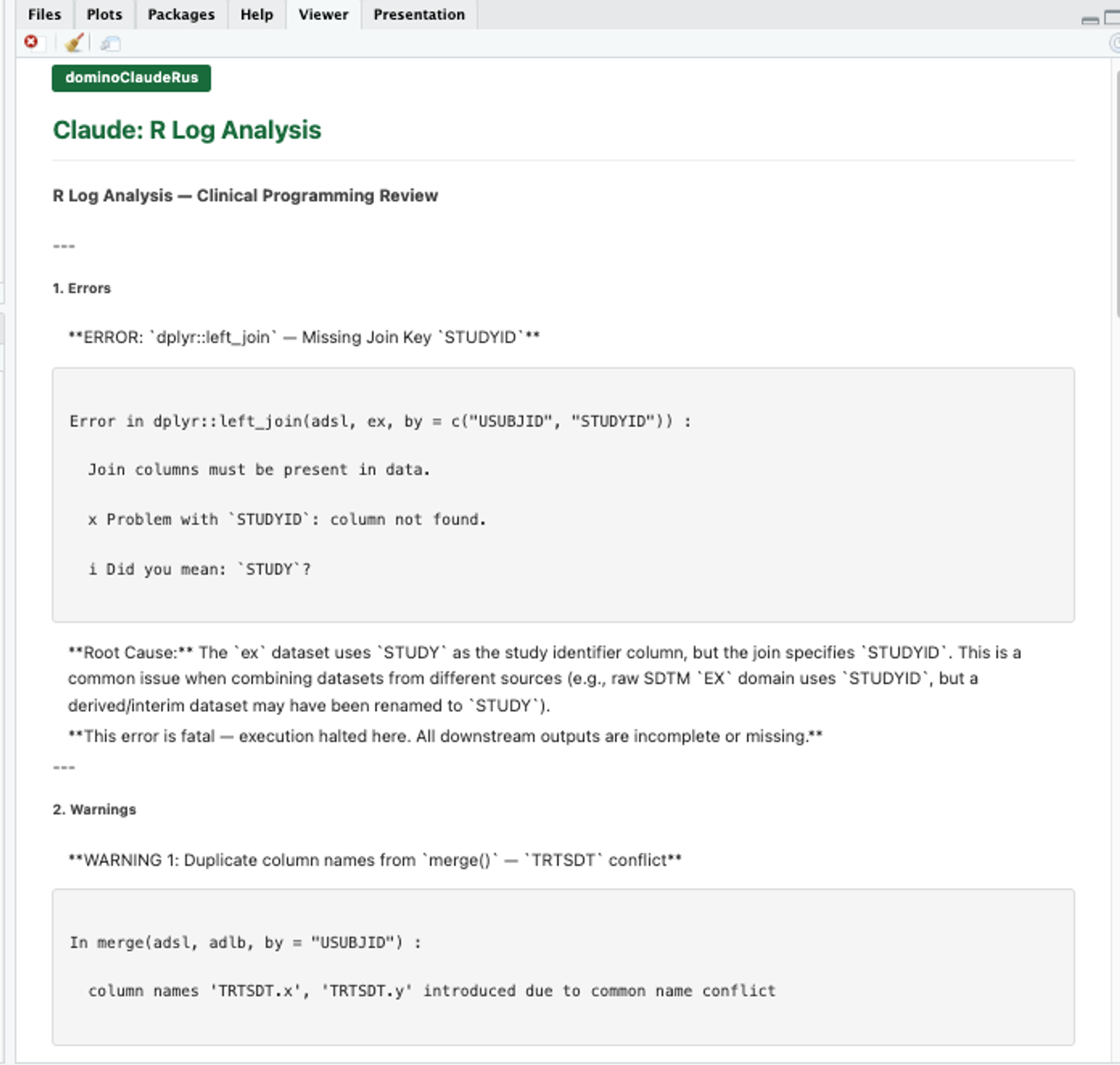 Claude interface to check R logs