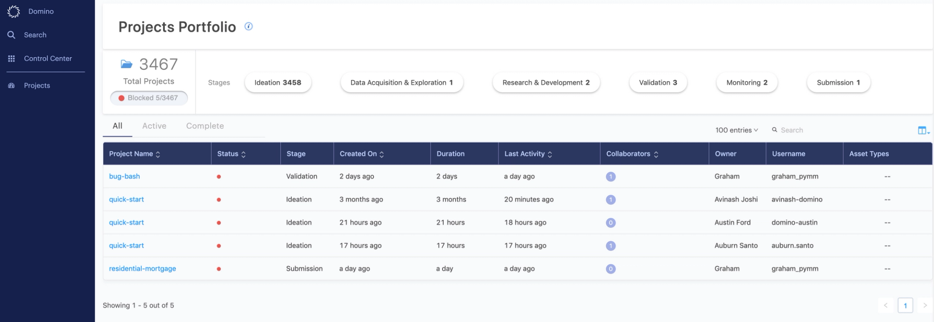 project portfolio dashboard in Domino