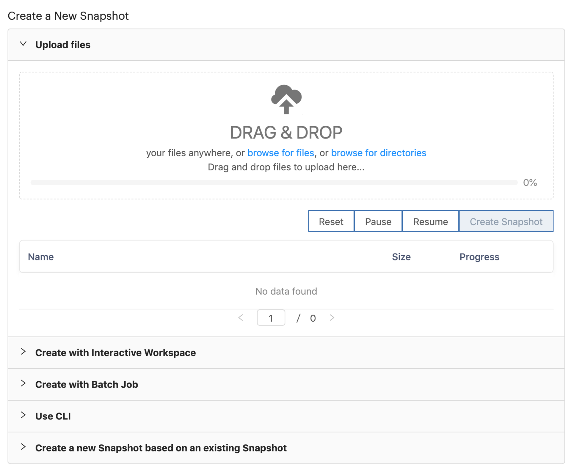 Creating a dataset snapshot in Domino