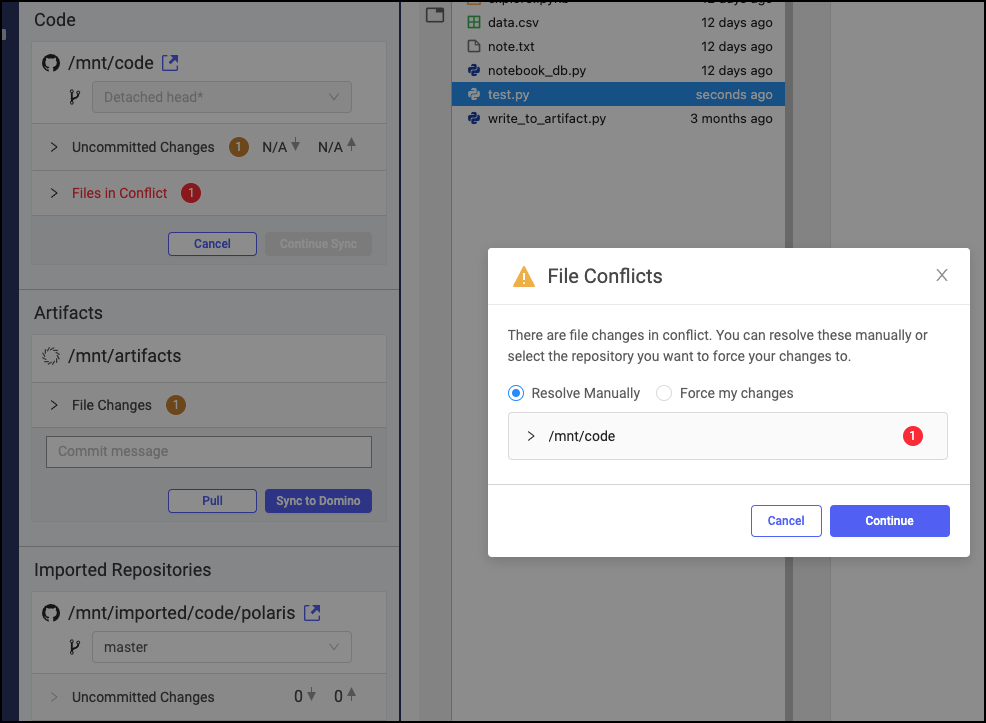 Resolving Git conflicts when synchronizing files