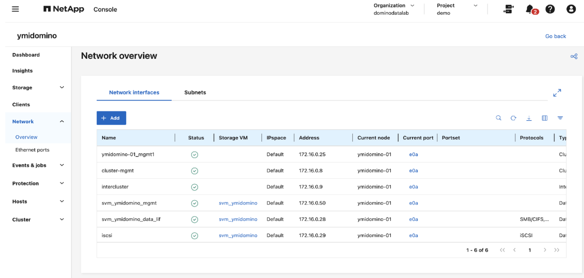 ONTAP System Manager Network overview showing svm_ymidomino_mgmt (172.16.0.50) and svm_ymidomino_data_lif (172.16.0.28) both with green status