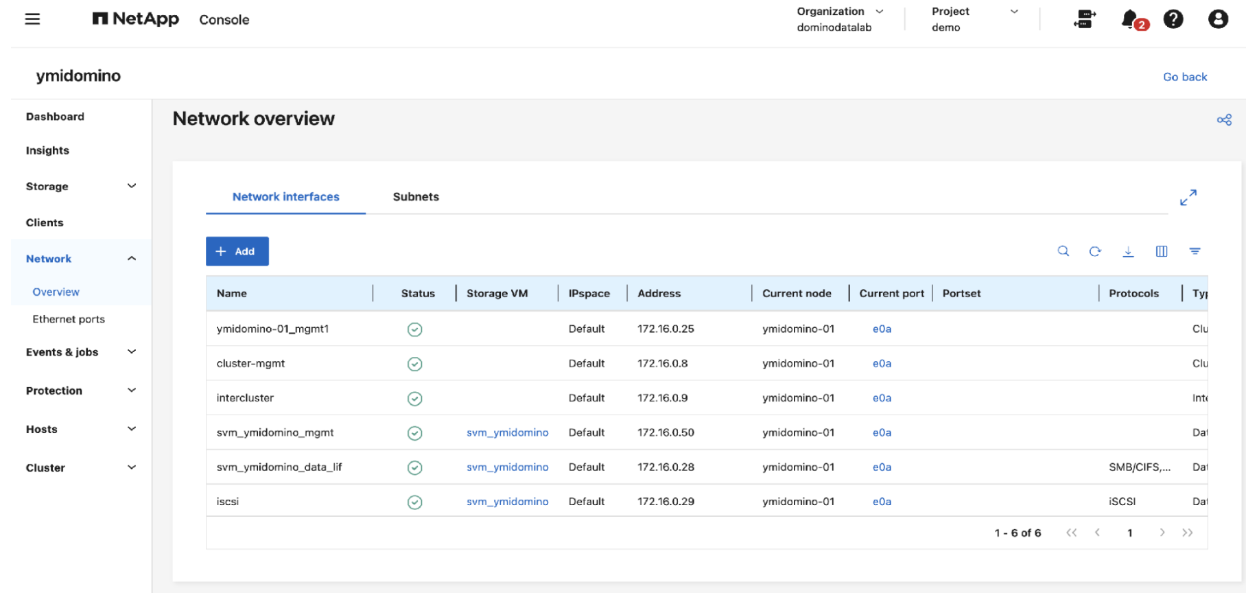 ONTAP System Manager Network overview showing svm_ymidomino_mgmt (172.16.0.50) and svm_ymidomino_data_lif (172.16.0.28) both with green status