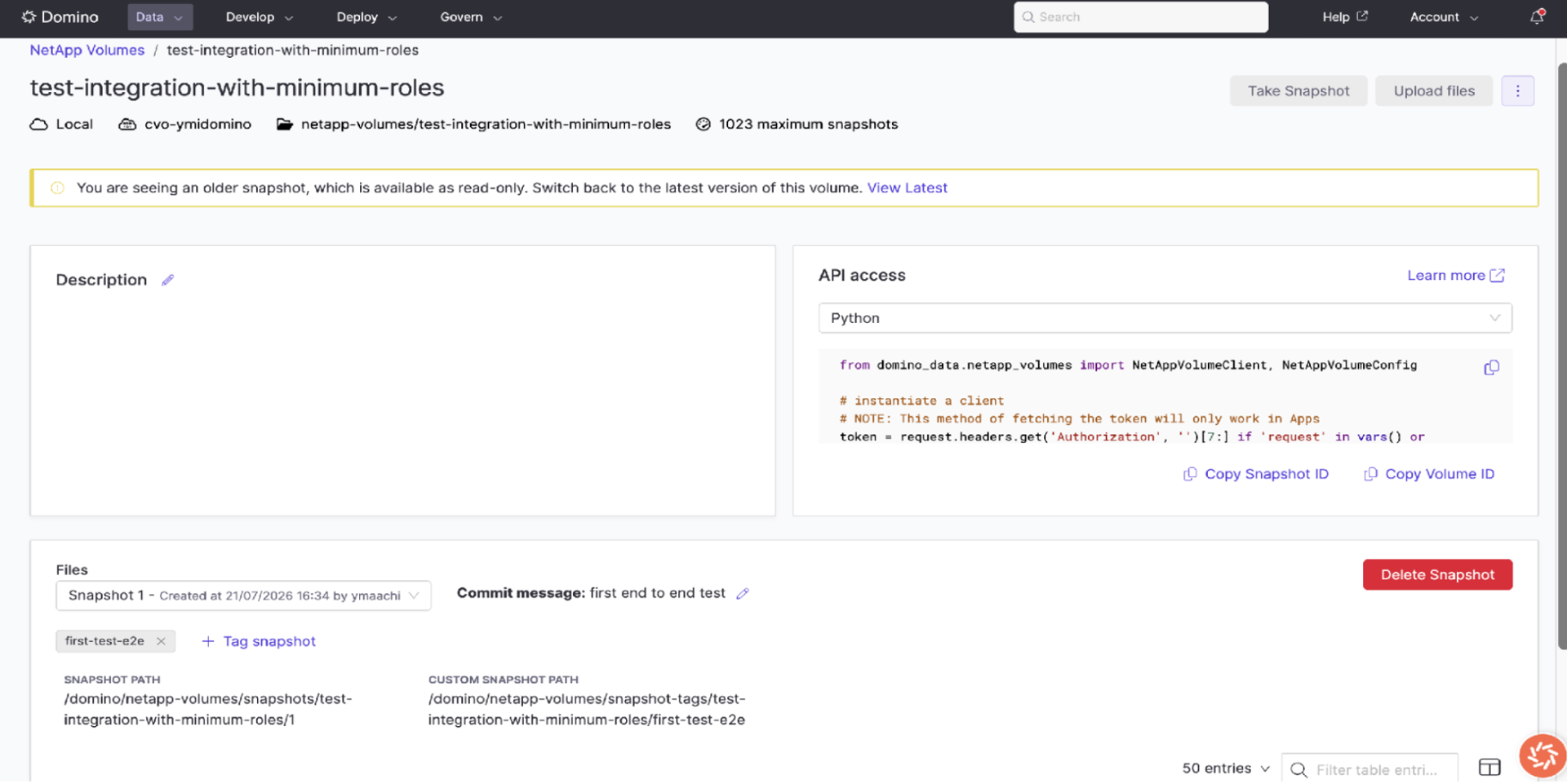 Domino Volume detail page showing test-integration-with-minimum-roles with Snapshot 1 created, tagged first-test-e2e